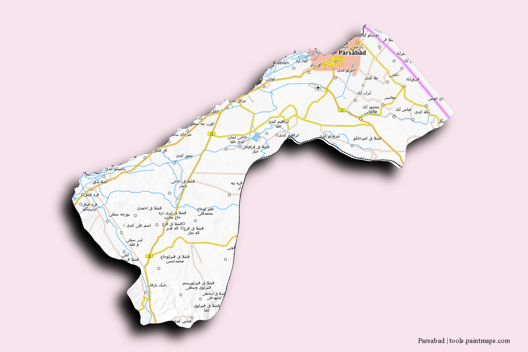 Parsabad neighborhoods and villages map with 3D shadow effect