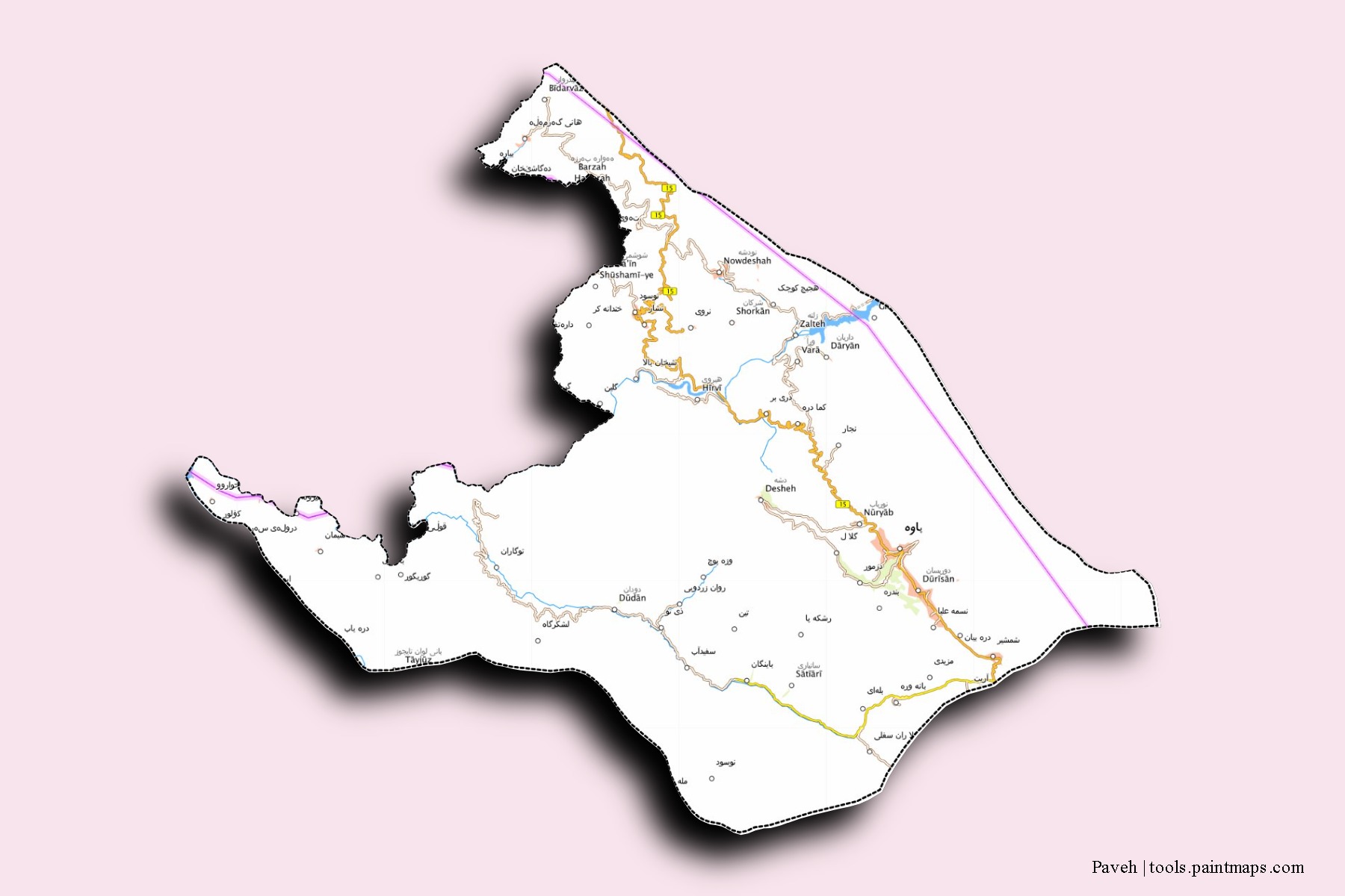 Paveh neighborhoods and villages map with 3D shadow effect