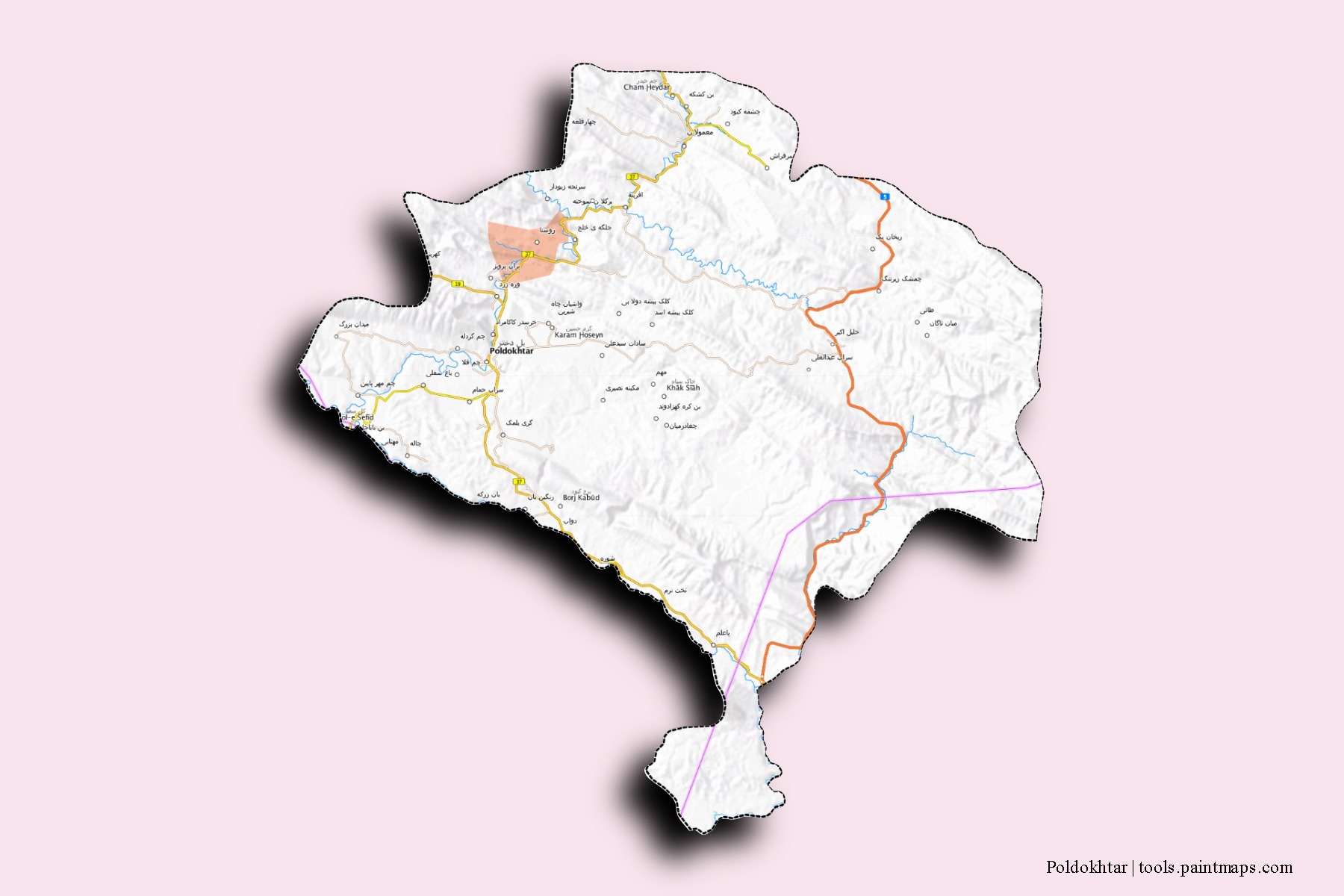 Mapa de barrios y pueblos de Poldokhtar con efecto de sombra 3D