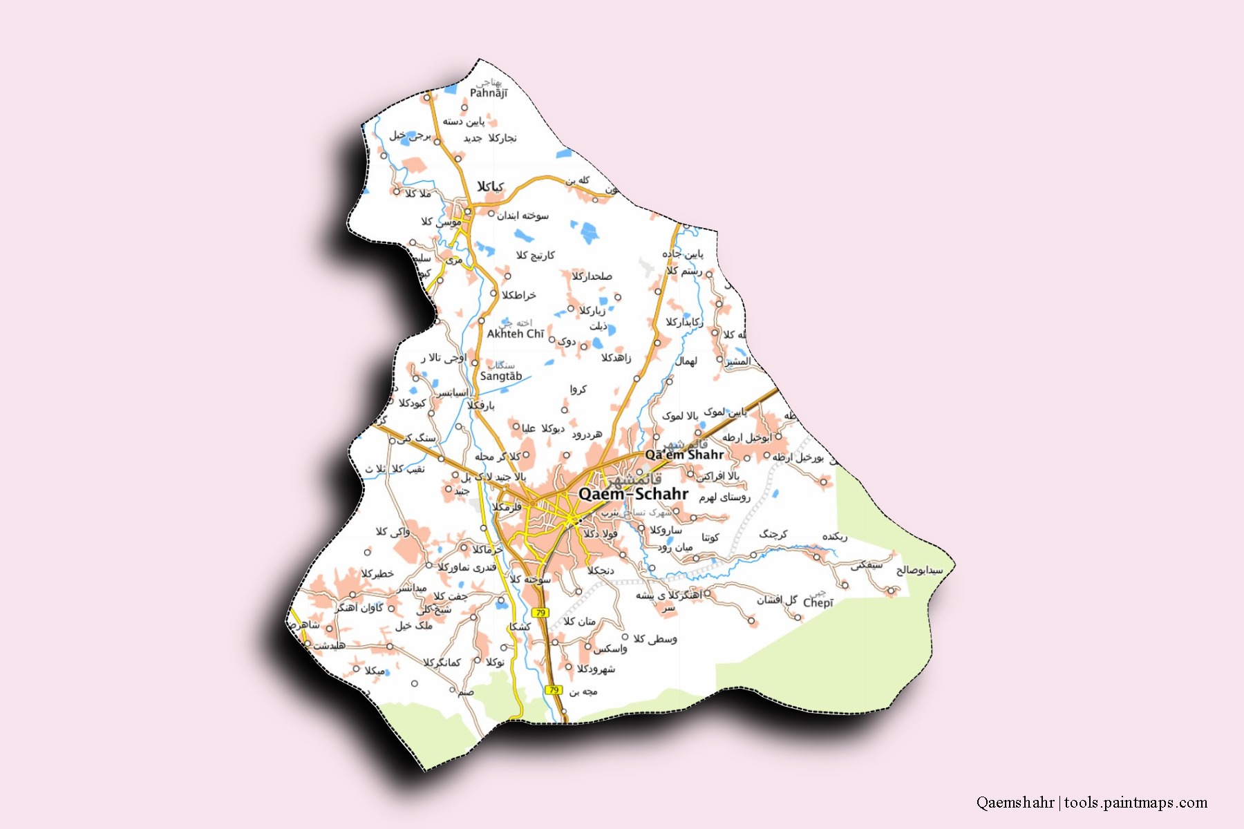 3D gölge efektli Qaemshahr mahalleleri ve köyleri haritası