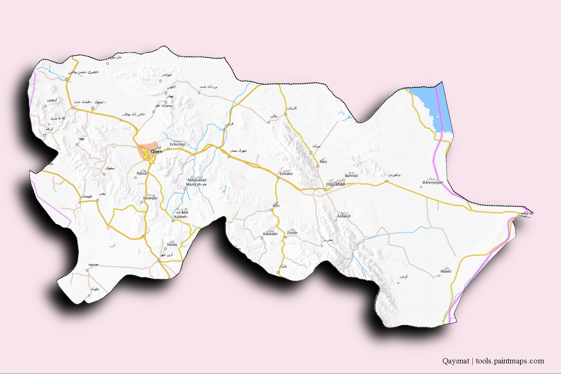 Qayenat neighborhoods and villages map with 3D shadow effect