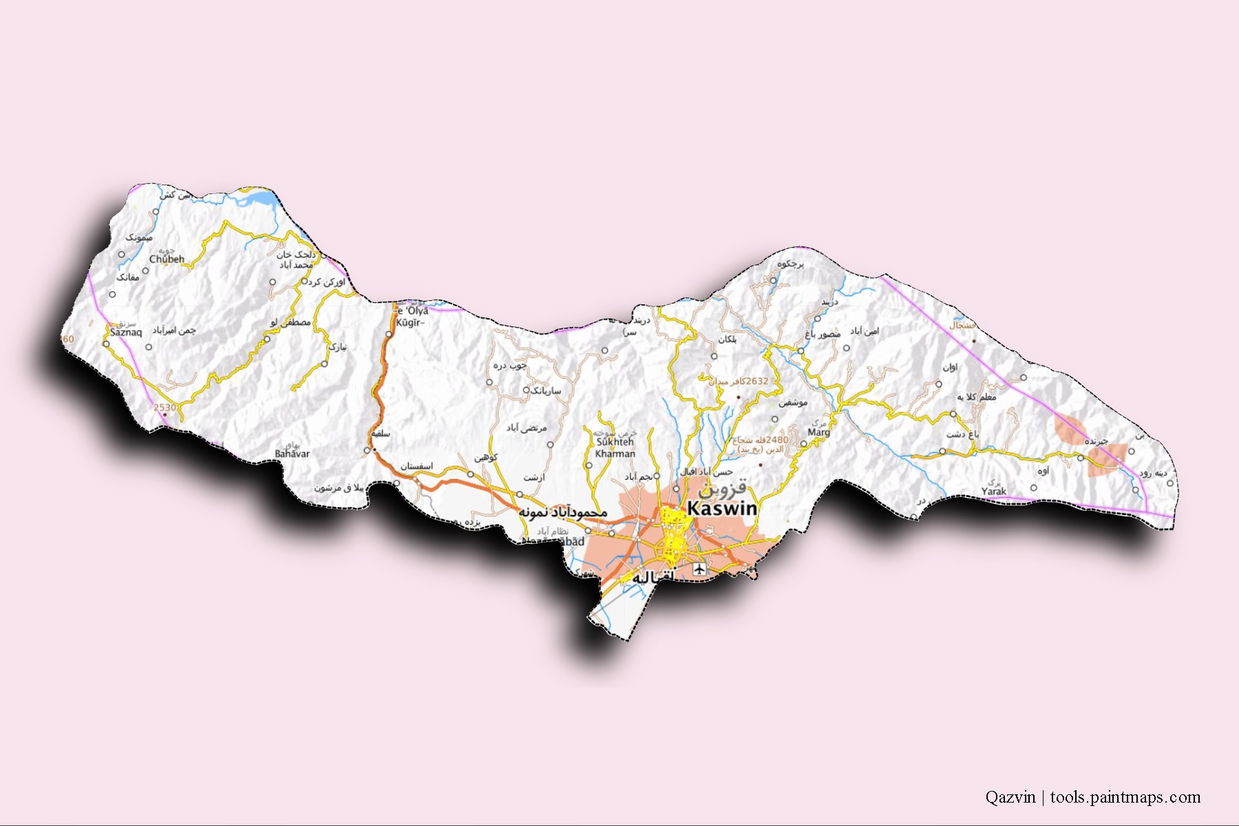 Qazvin neighborhoods and villages map with 3D shadow effect