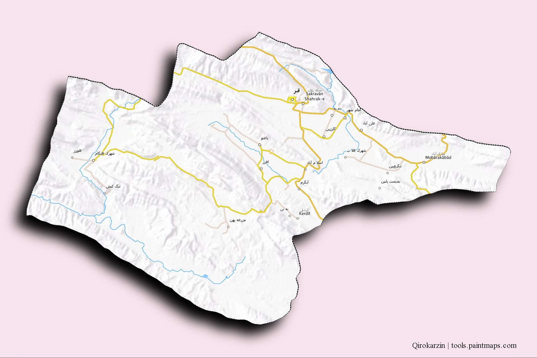 Mapa de barrios y pueblos de Qirokarzin con efecto de sombra 3D