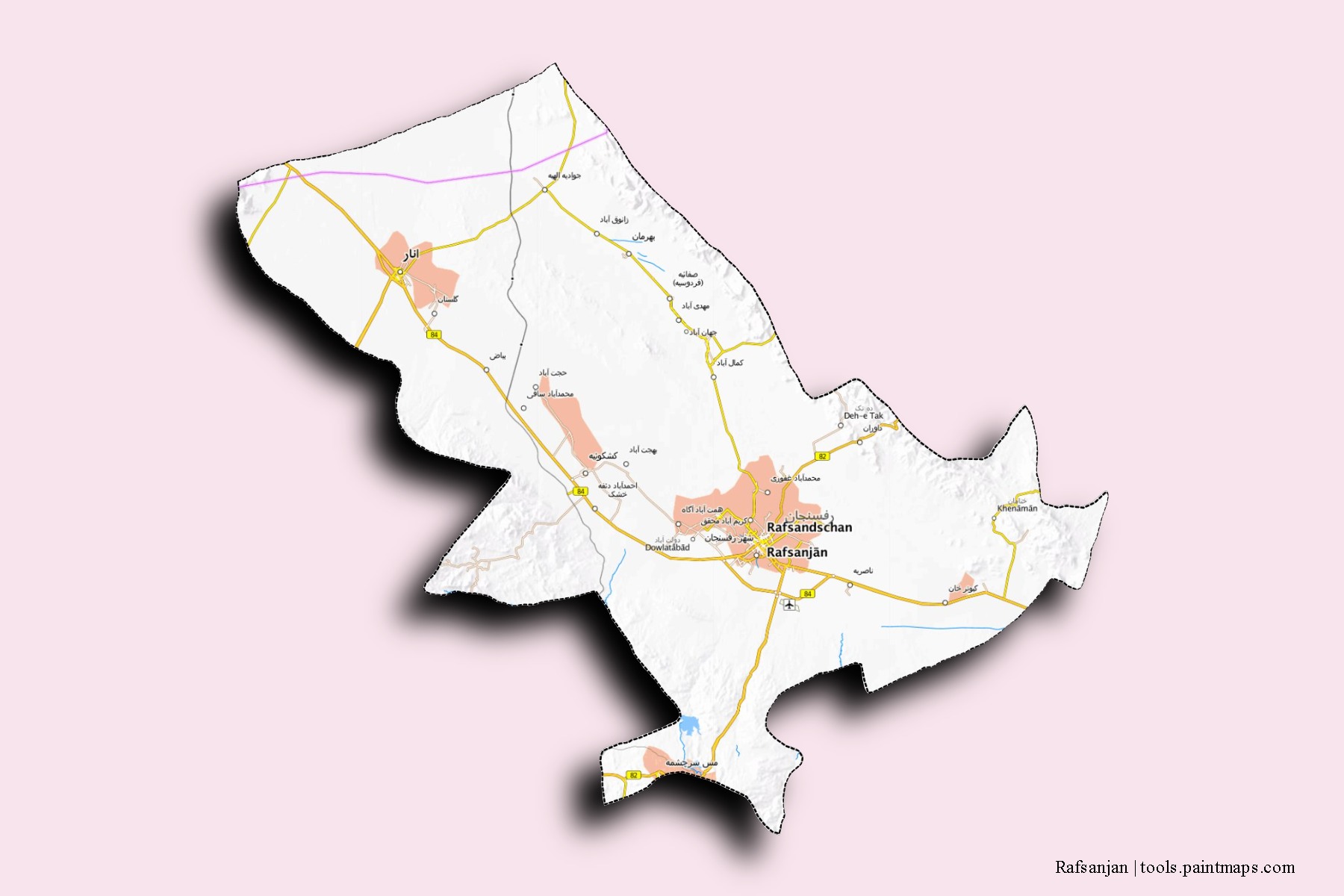 Mapa de barrios y pueblos de Rafsanjan con efecto de sombra 3D