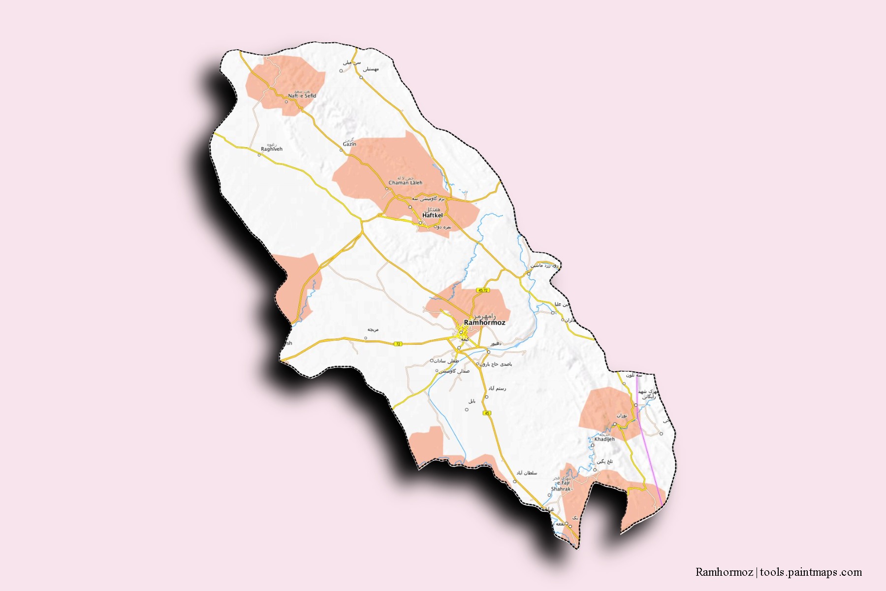 Mapa de barrios y pueblos de Ramhormoz con efecto de sombra 3D