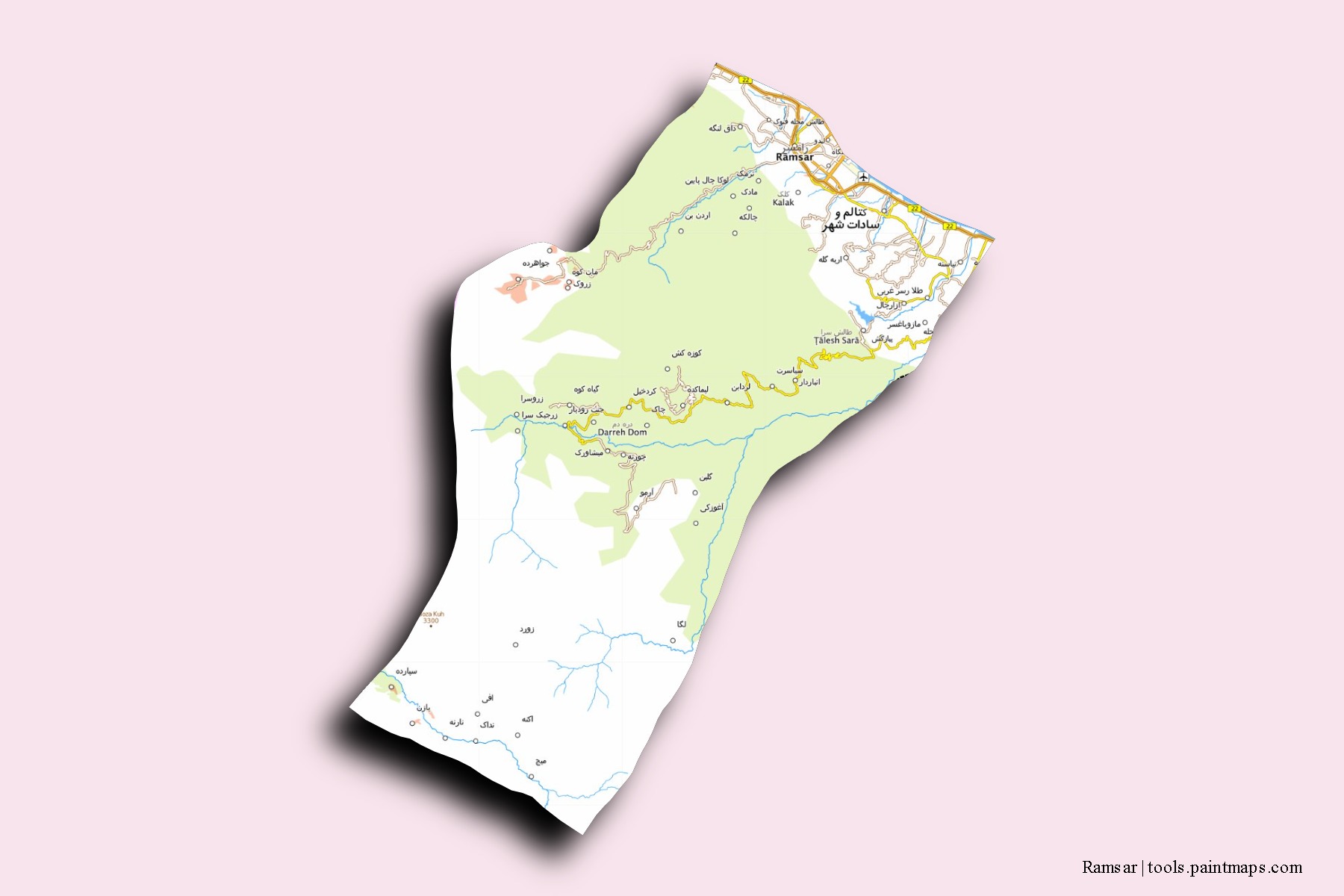 Ramsar neighborhoods and villages map with 3D shadow effect