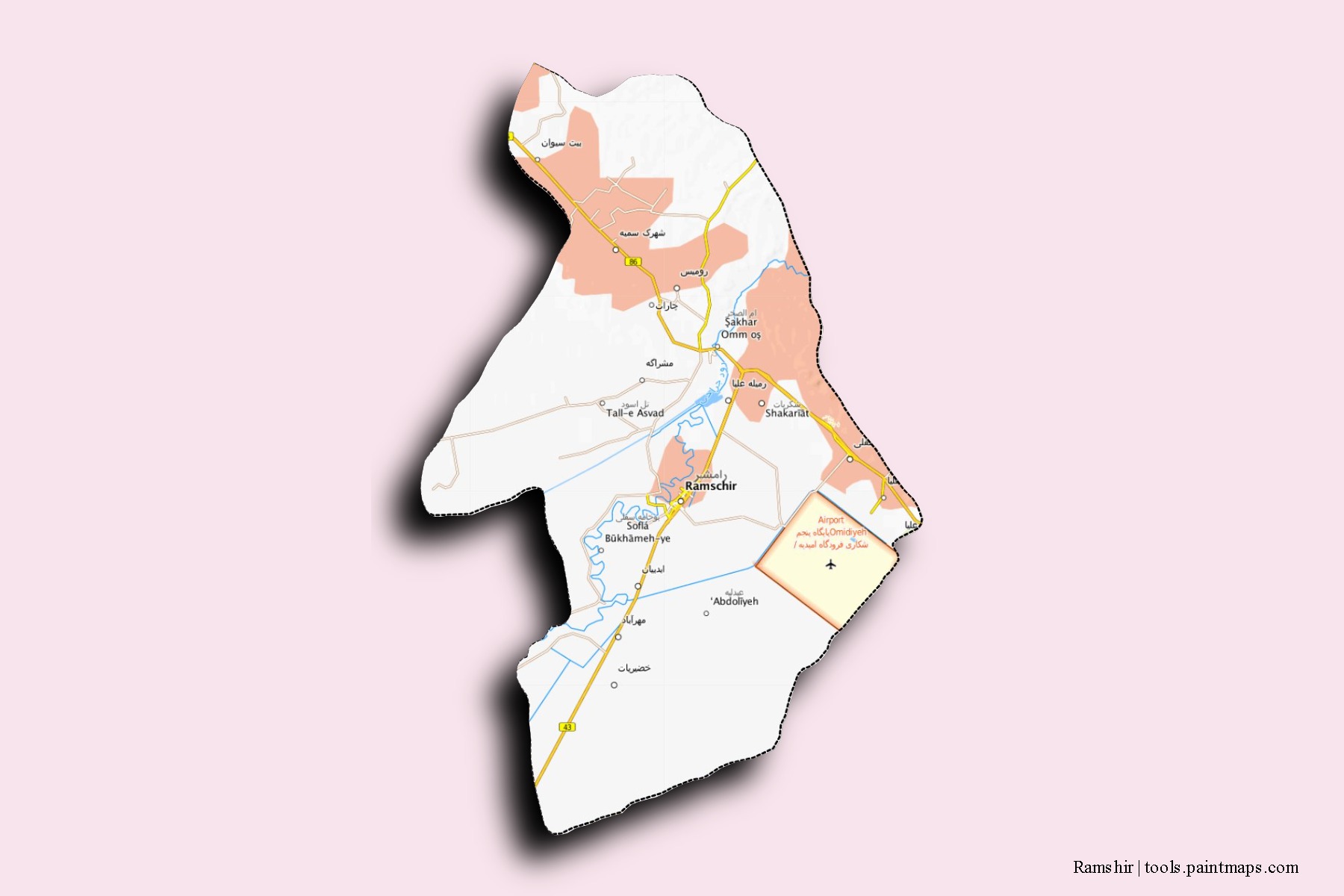 Ramshir neighborhoods and villages map with 3D shadow effect