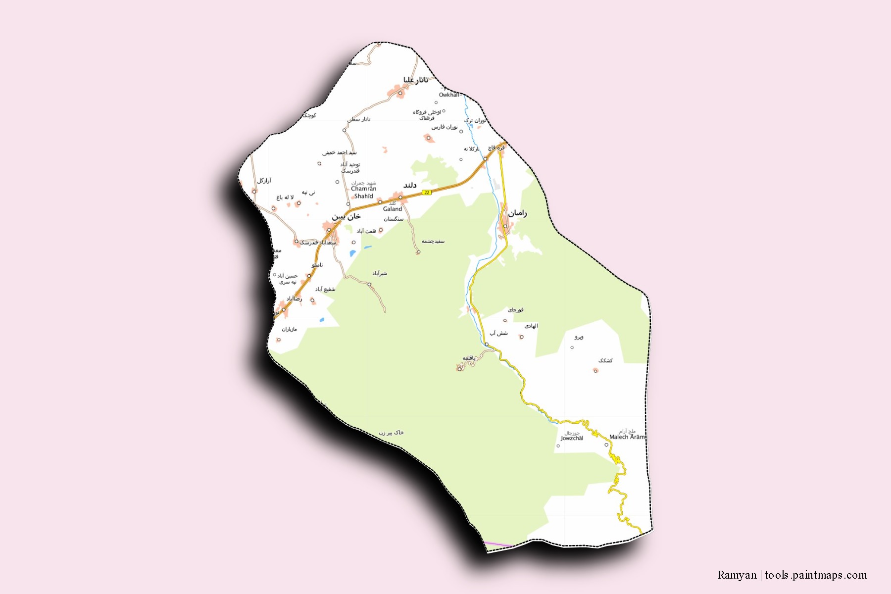 Mapa de barrios y pueblos de Ramyan con efecto de sombra 3D