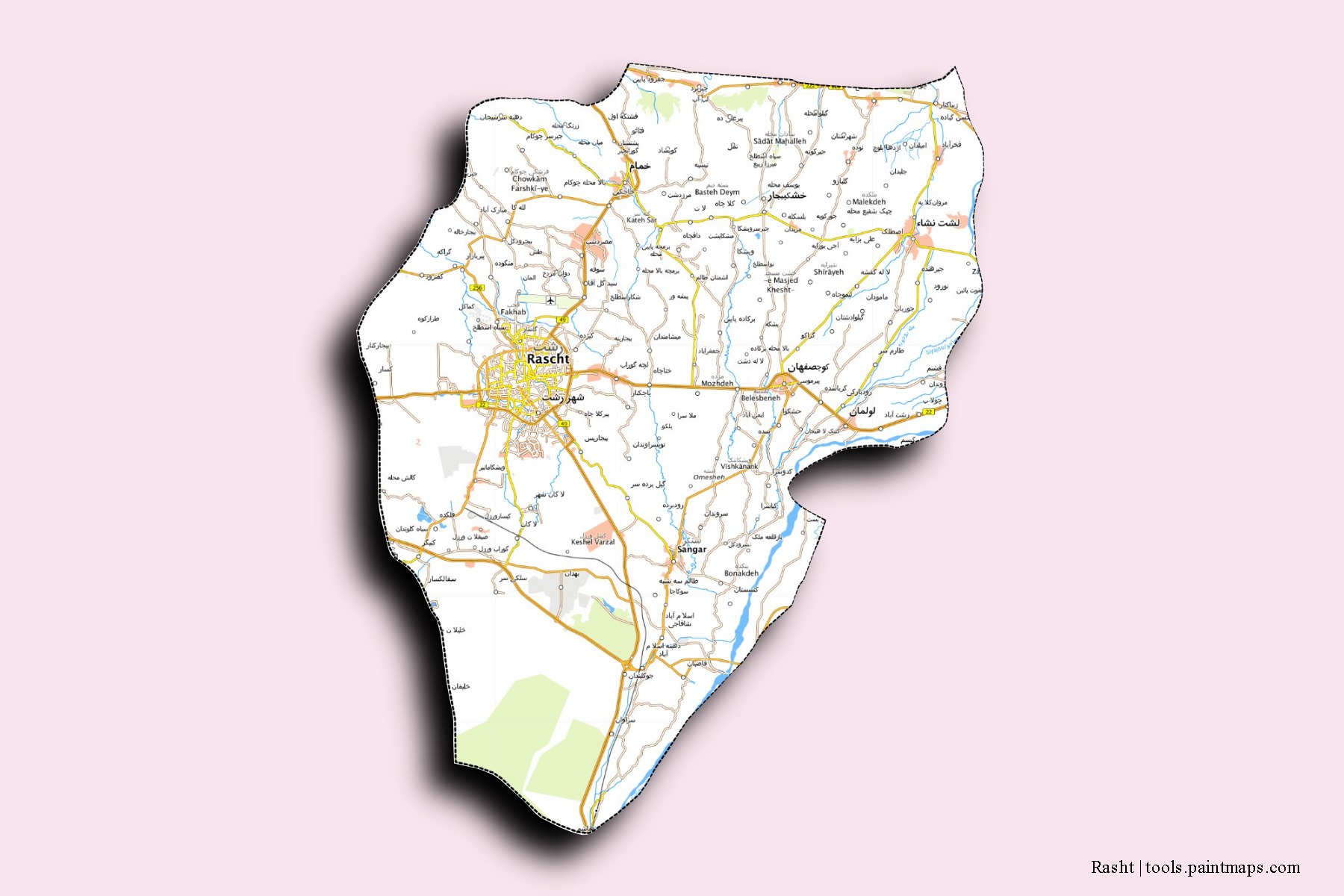 Mapa de barrios y pueblos de Rasht con efecto de sombra 3D