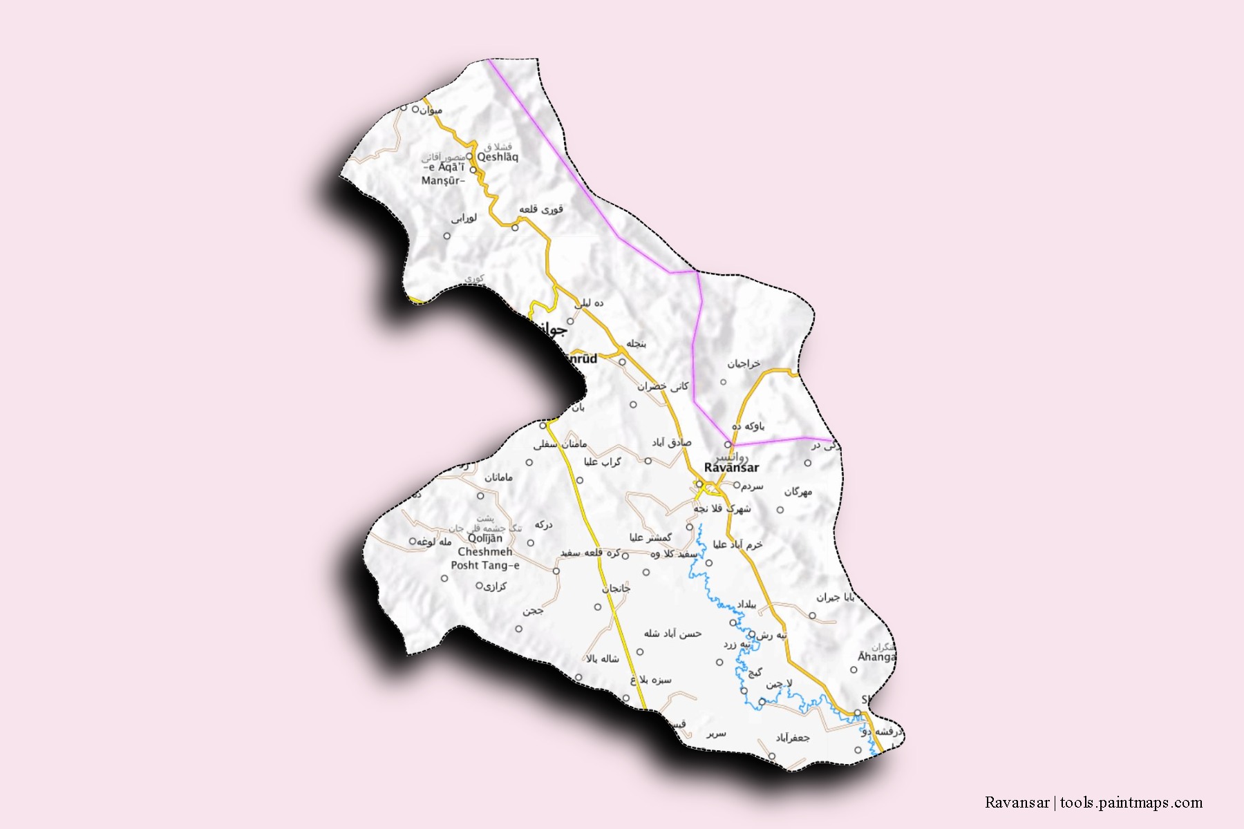 Mapa de barrios y pueblos de Ravansar con efecto de sombra 3D