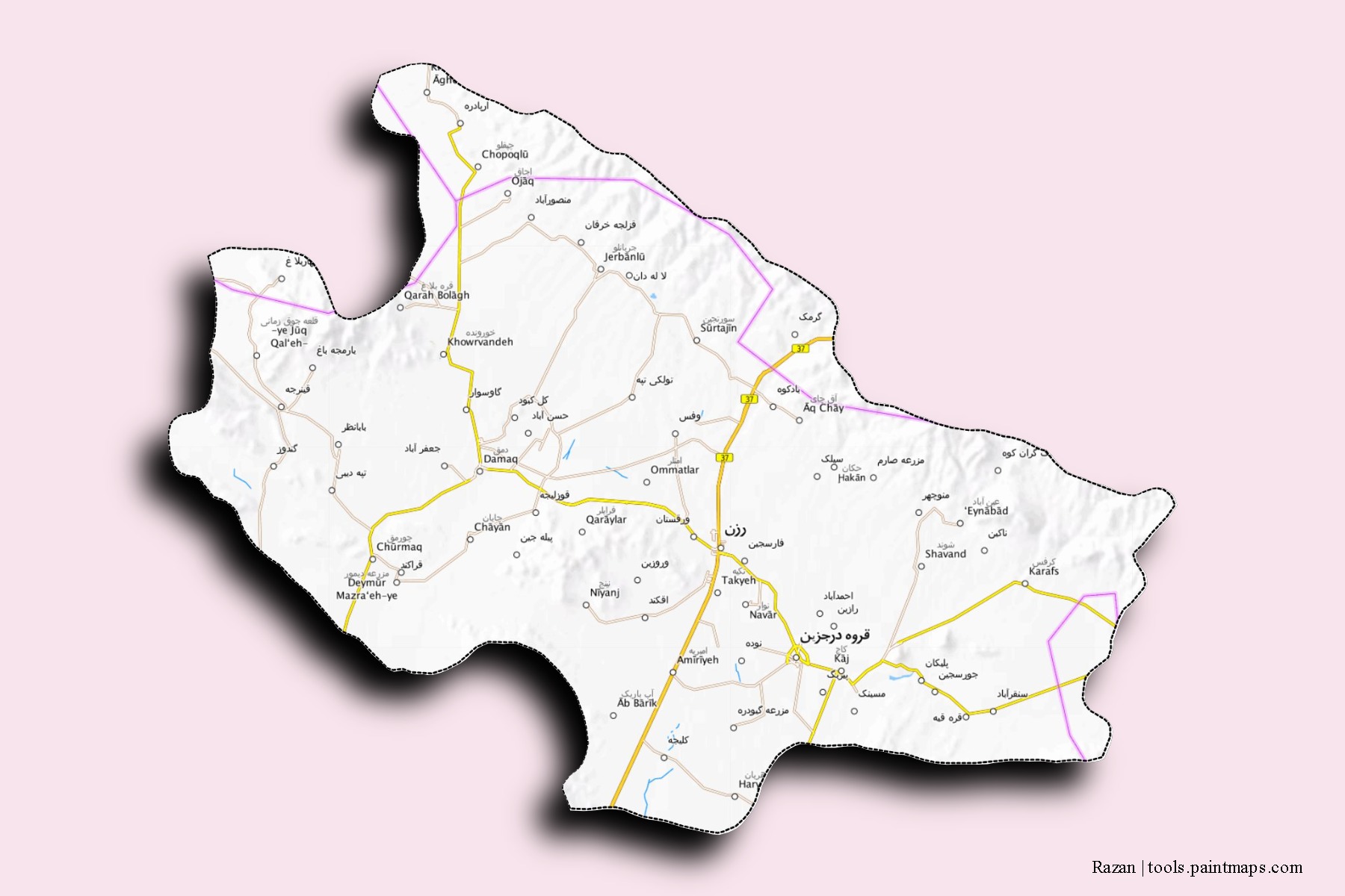 Razan neighborhoods and villages map with 3D shadow effect