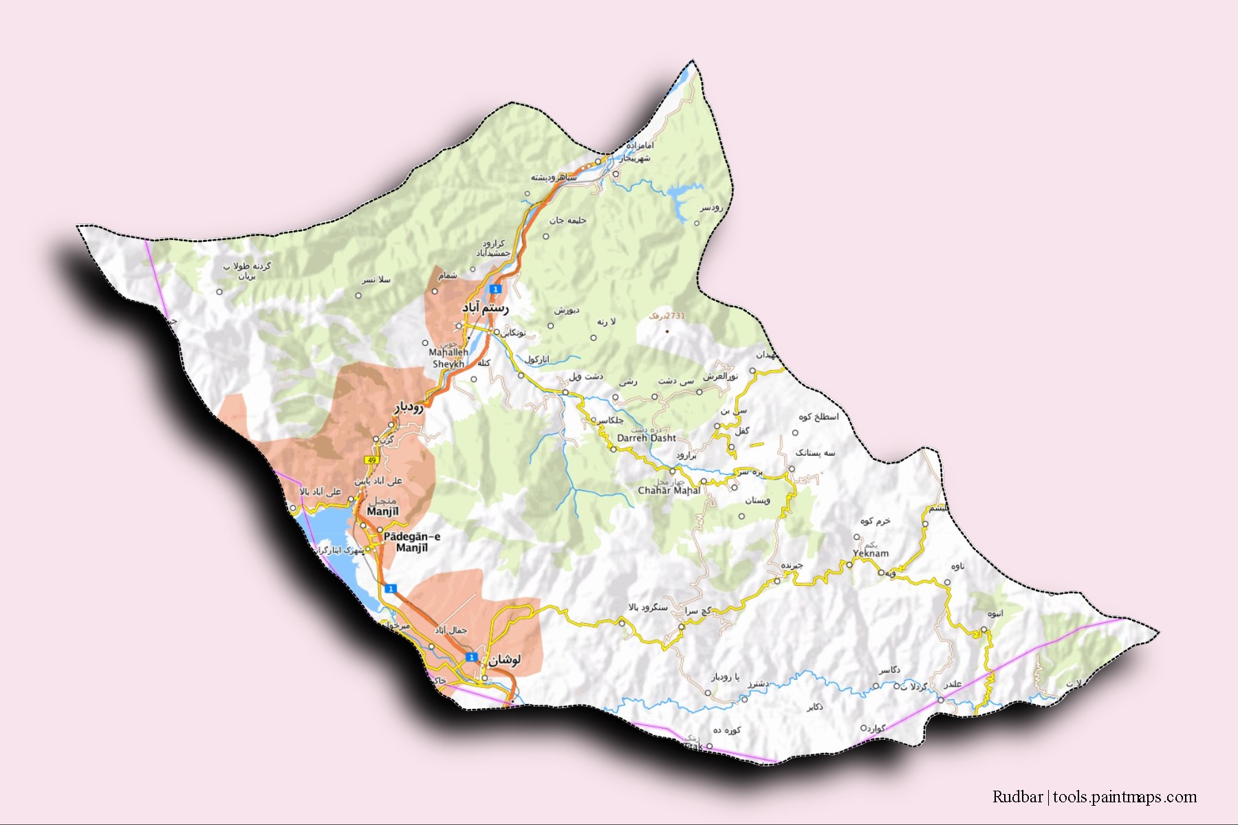 Mapa de barrios y pueblos de Rudbar con efecto de sombra 3D