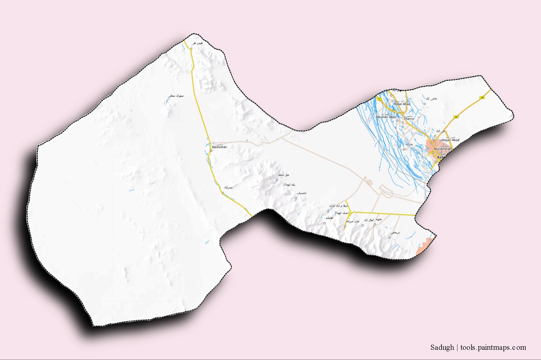 Sadugh neighborhoods and villages map with 3D shadow effect