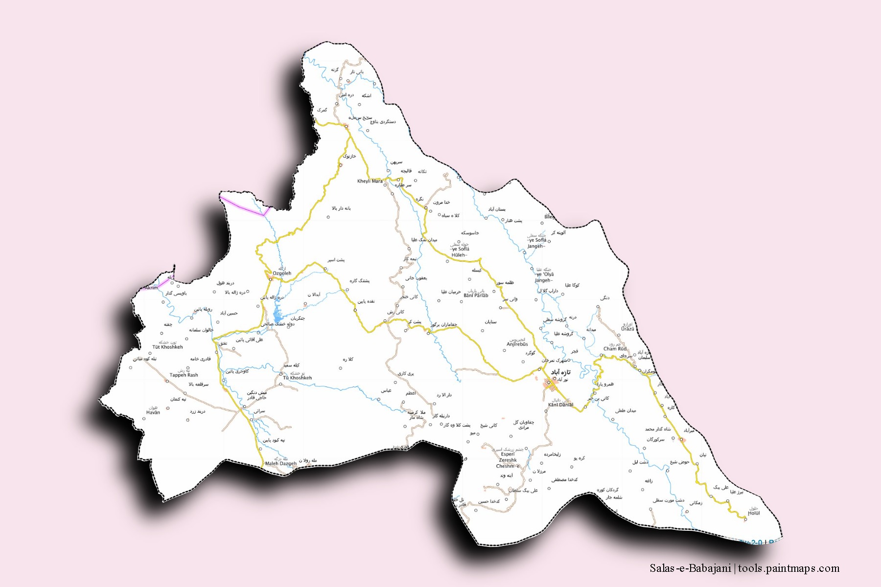 Mapa de barrios y pueblos de Salas-e-Babajani con efecto de sombra 3D