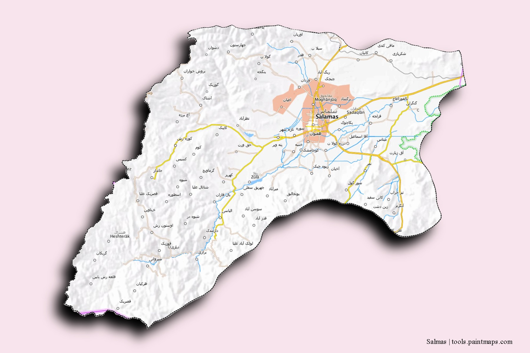 Salmas neighborhoods and villages map with 3D shadow effect