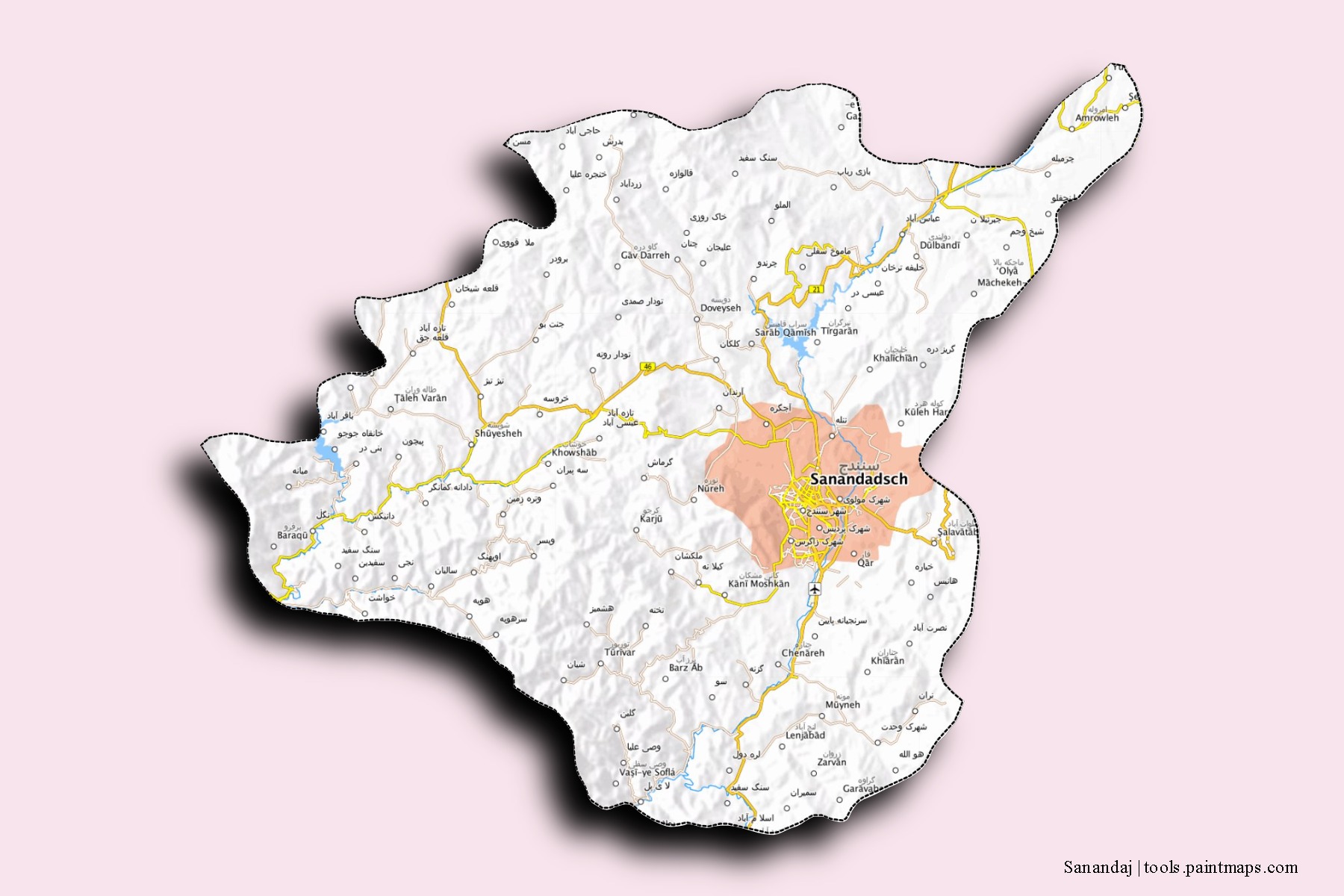 Mapa de barrios y pueblos de Sanandaj con efecto de sombra 3D