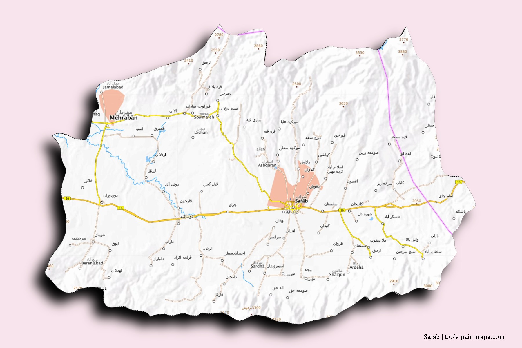 Sarab neighborhoods and villages map with 3D shadow effect