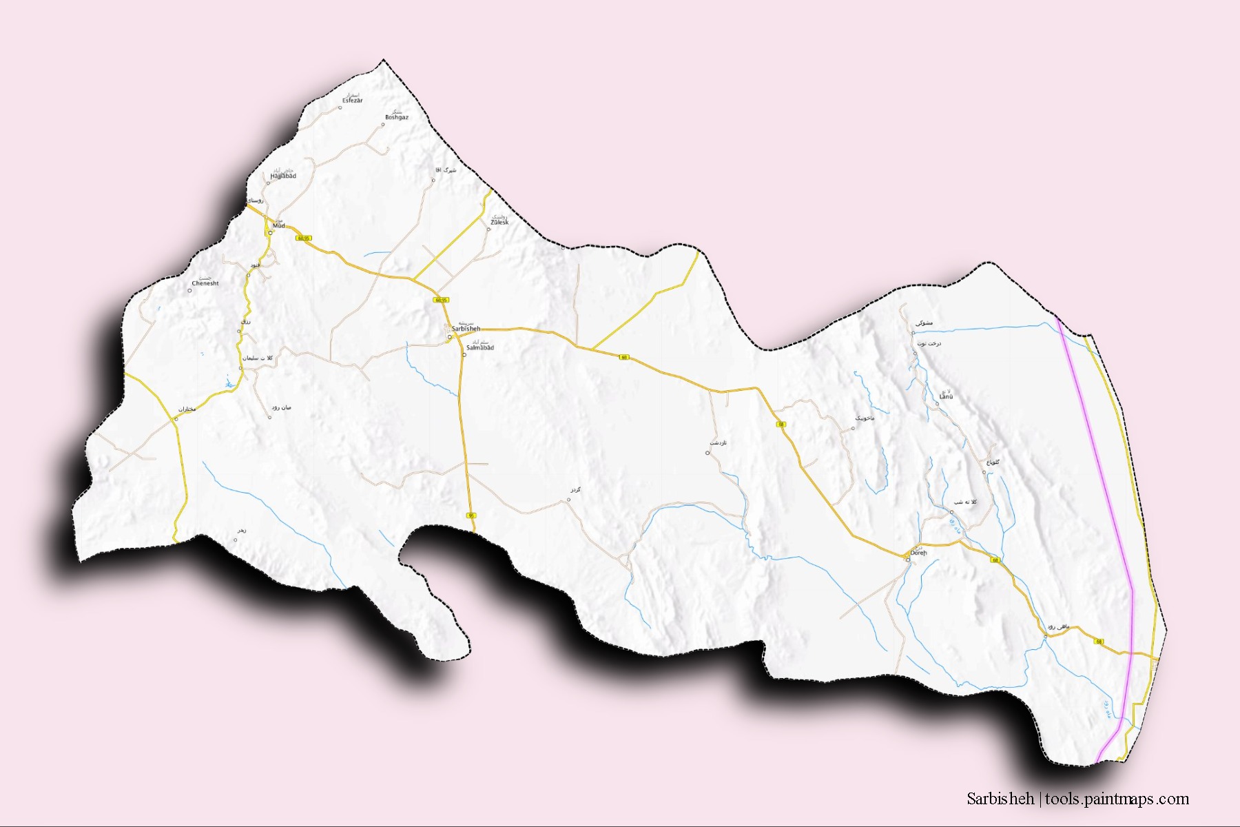 Sarbisheh neighborhoods and villages map with 3D shadow effect