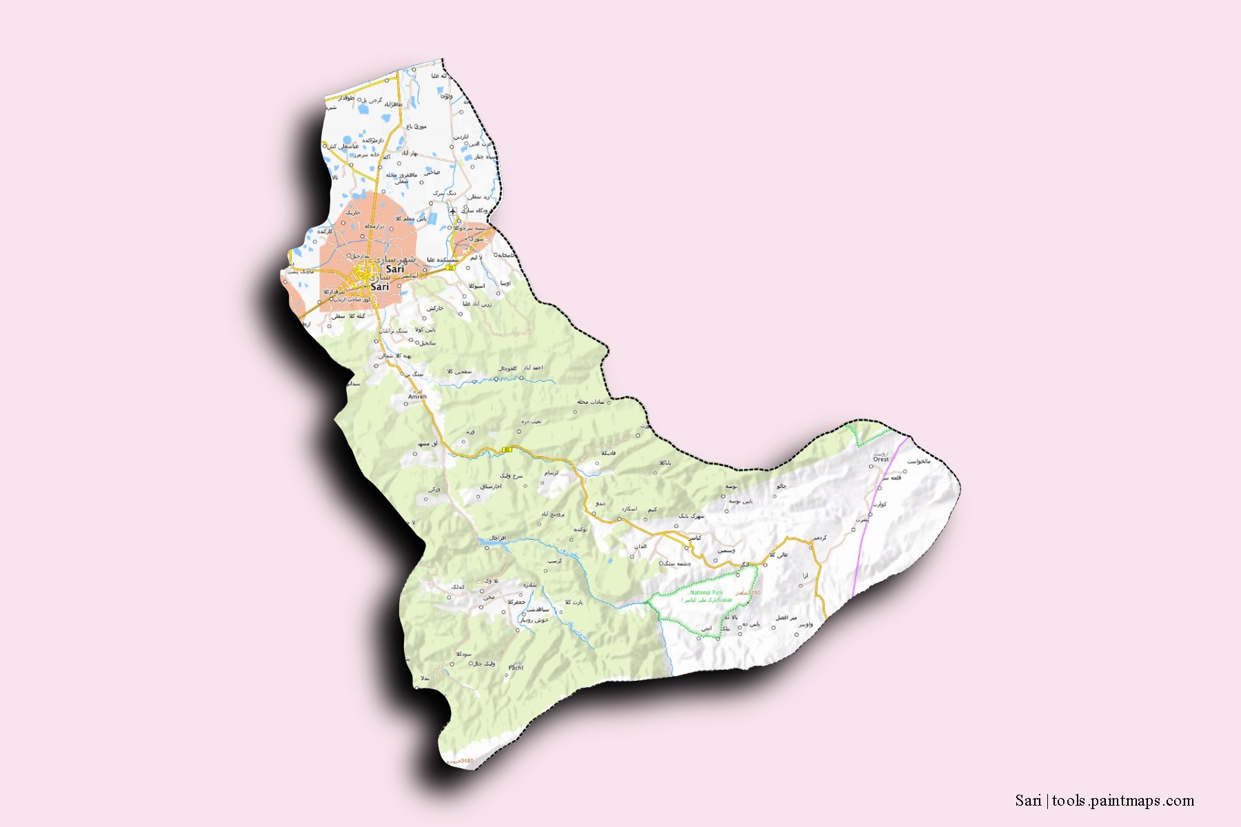 Sari neighborhoods and villages map with 3D shadow effect