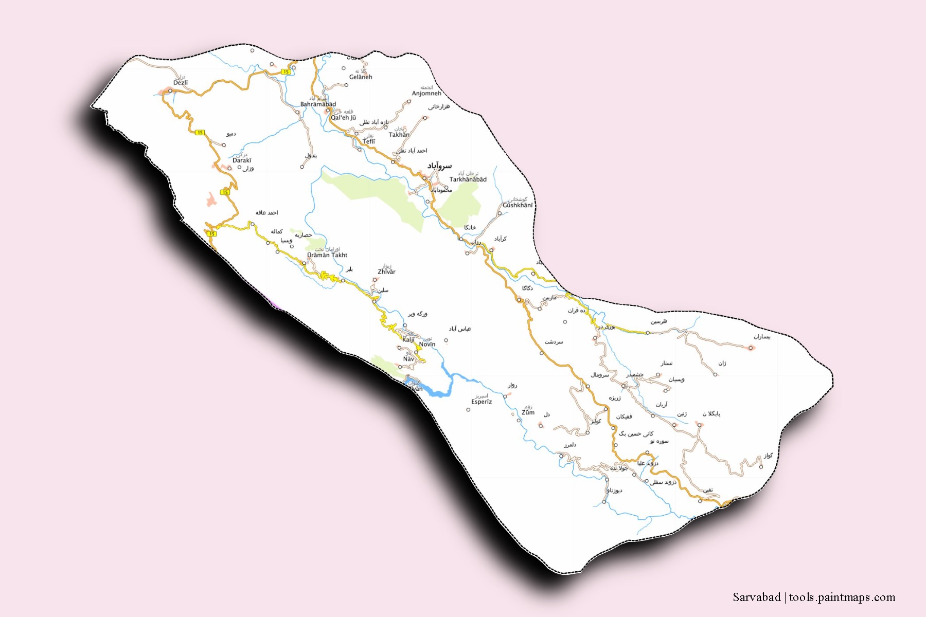 Mapa de barrios y pueblos de Sarvabad con efecto de sombra 3D