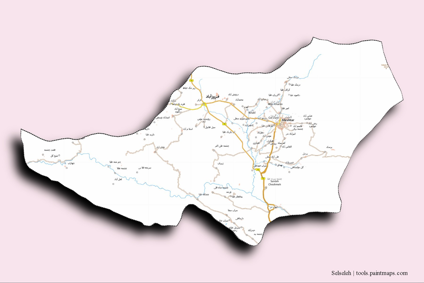 Selseleh neighborhoods and villages map with 3D shadow effect