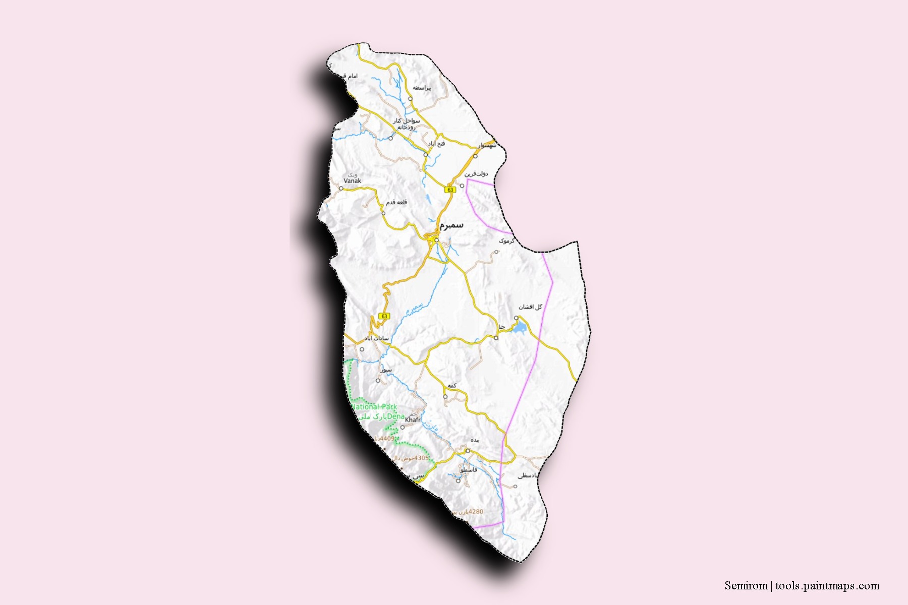 Mapa de barrios y pueblos de Semirom con efecto de sombra 3D