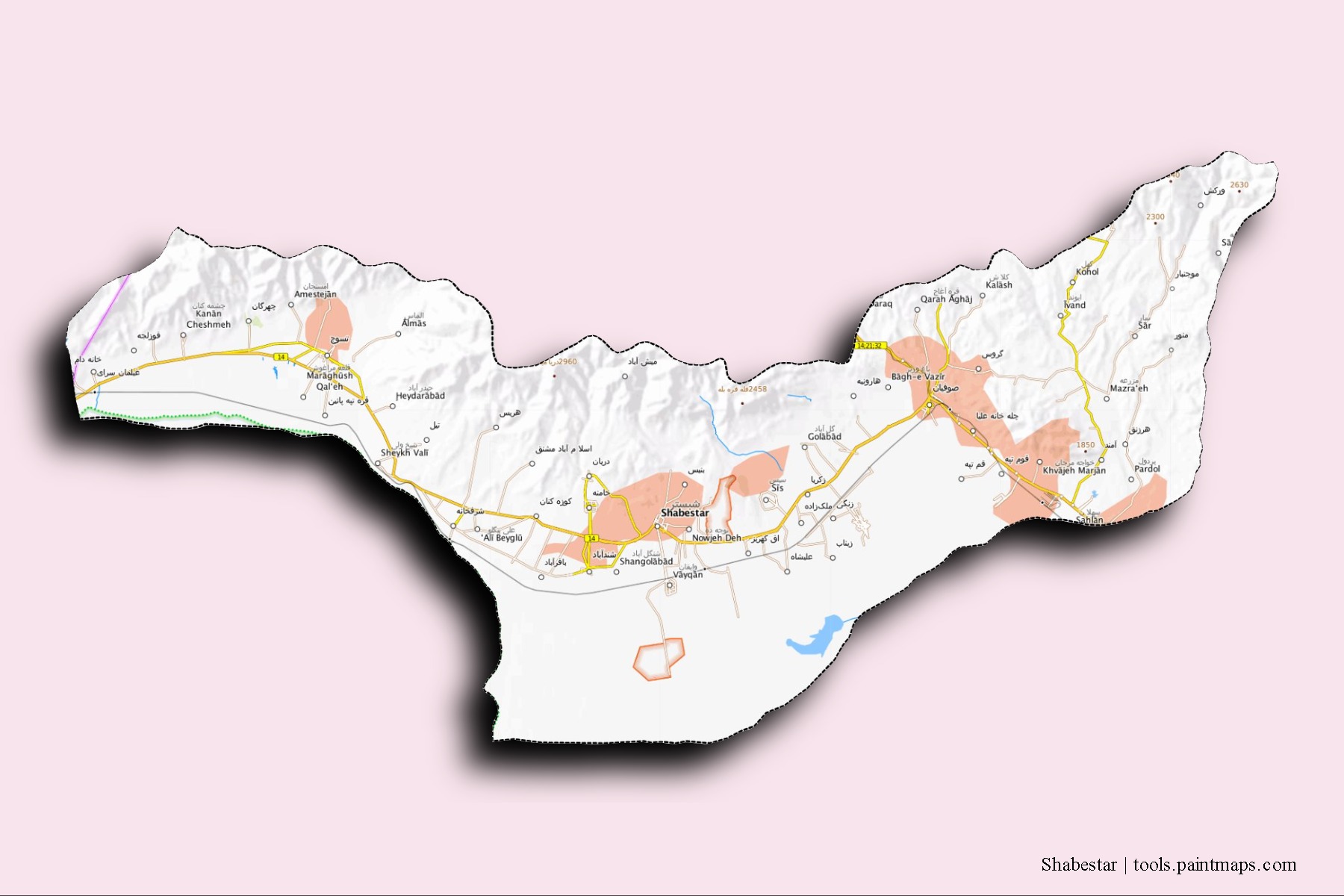 3D gölge efektli Şebister mahalleleri ve köyleri haritası