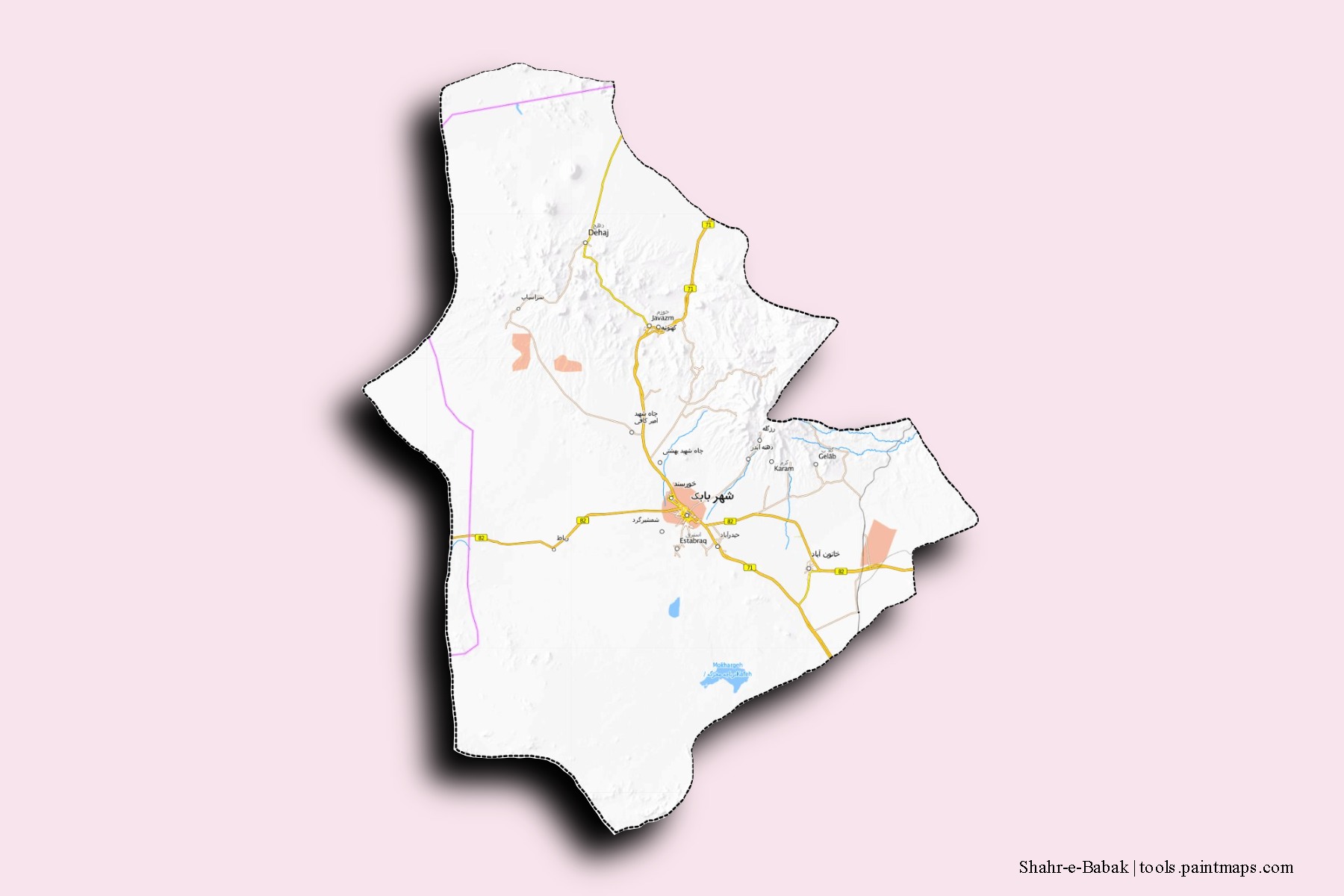 Mapa de barrios y pueblos de Shahr-e-Babak con efecto de sombra 3D