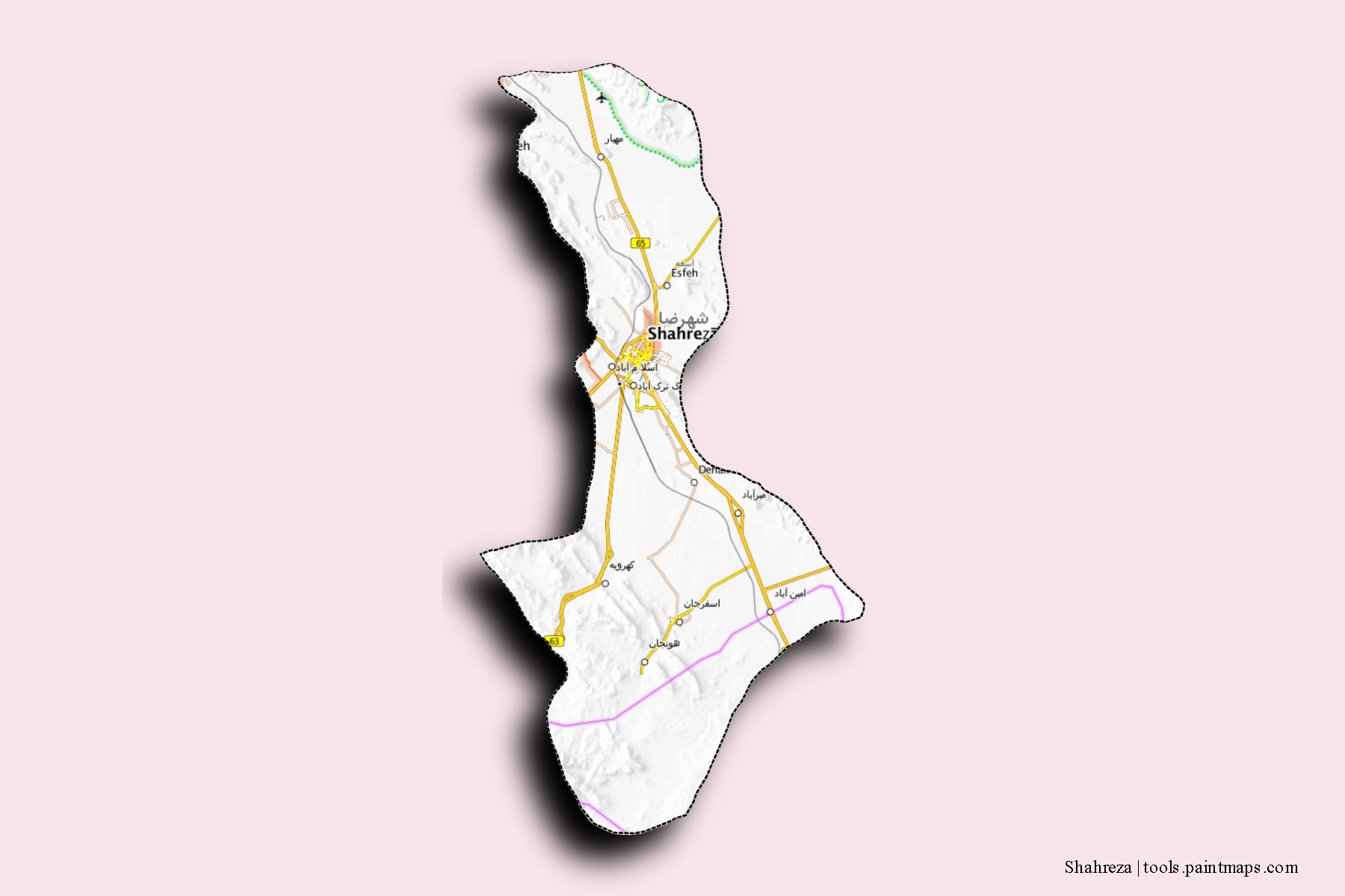 Mapa de barrios y pueblos de Shahreza con efecto de sombra 3D