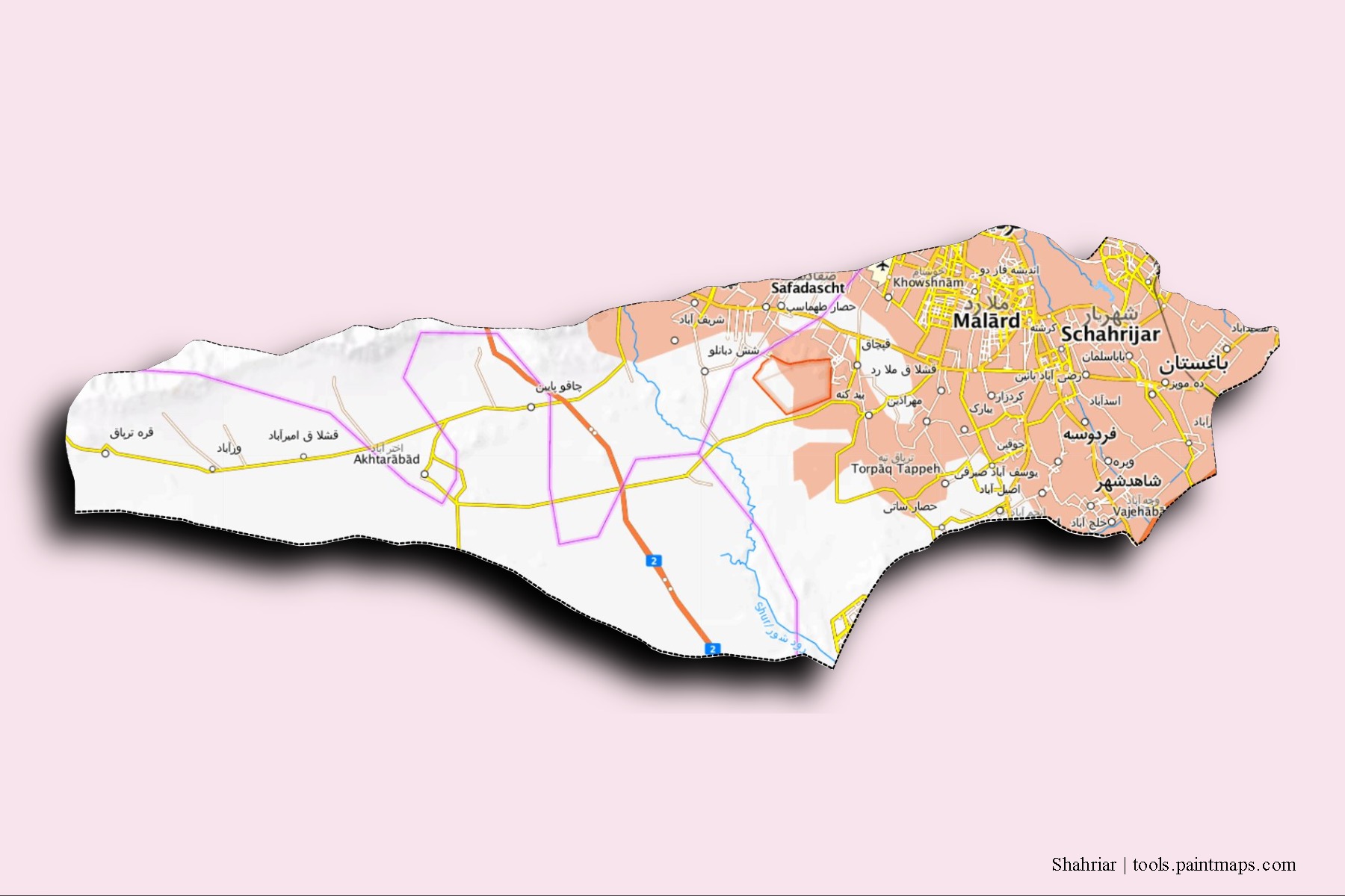 Mapa de barrios y pueblos de Shahriar con efecto de sombra 3D