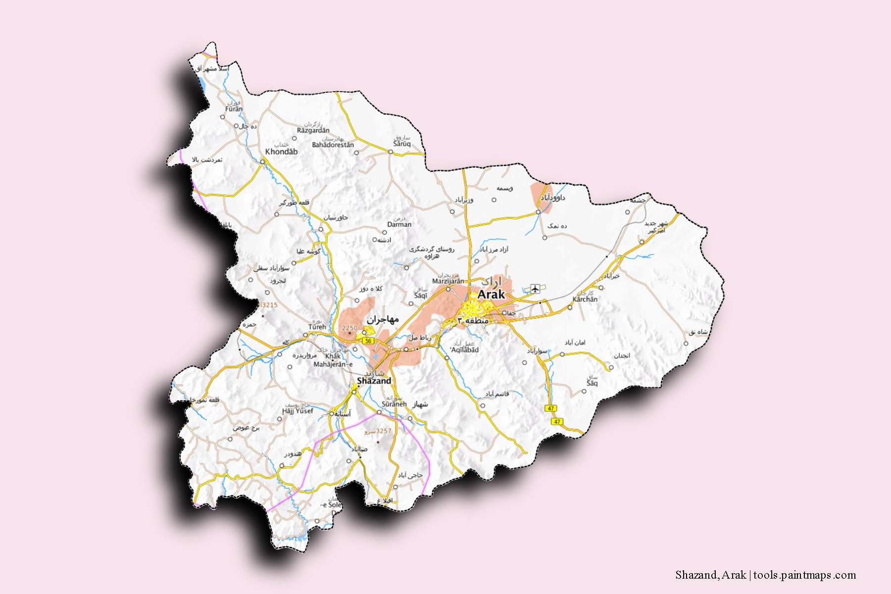 Mapa de barrios y pueblos de Shazand, Arak con efecto de sombra 3D