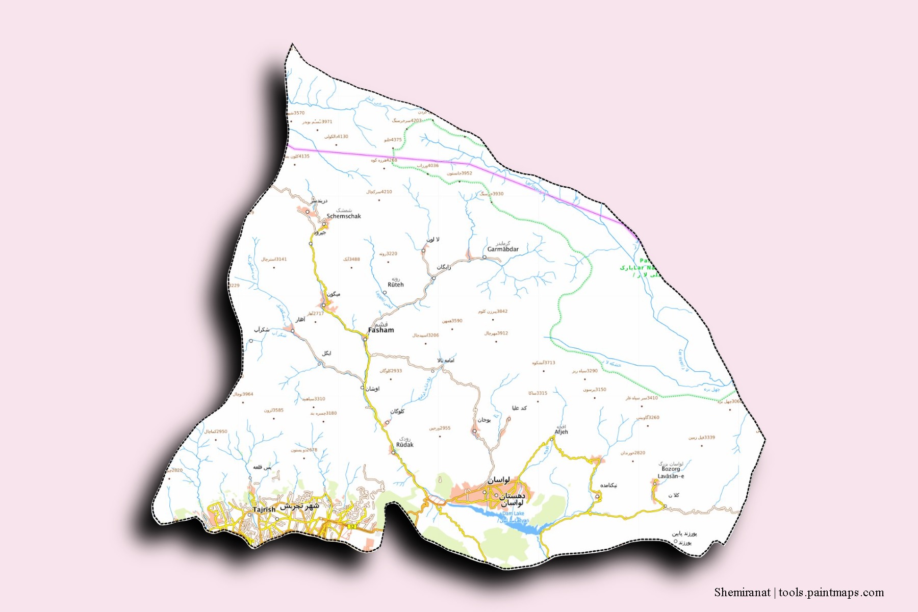 Shemiranat neighborhoods and villages map with 3D shadow effect