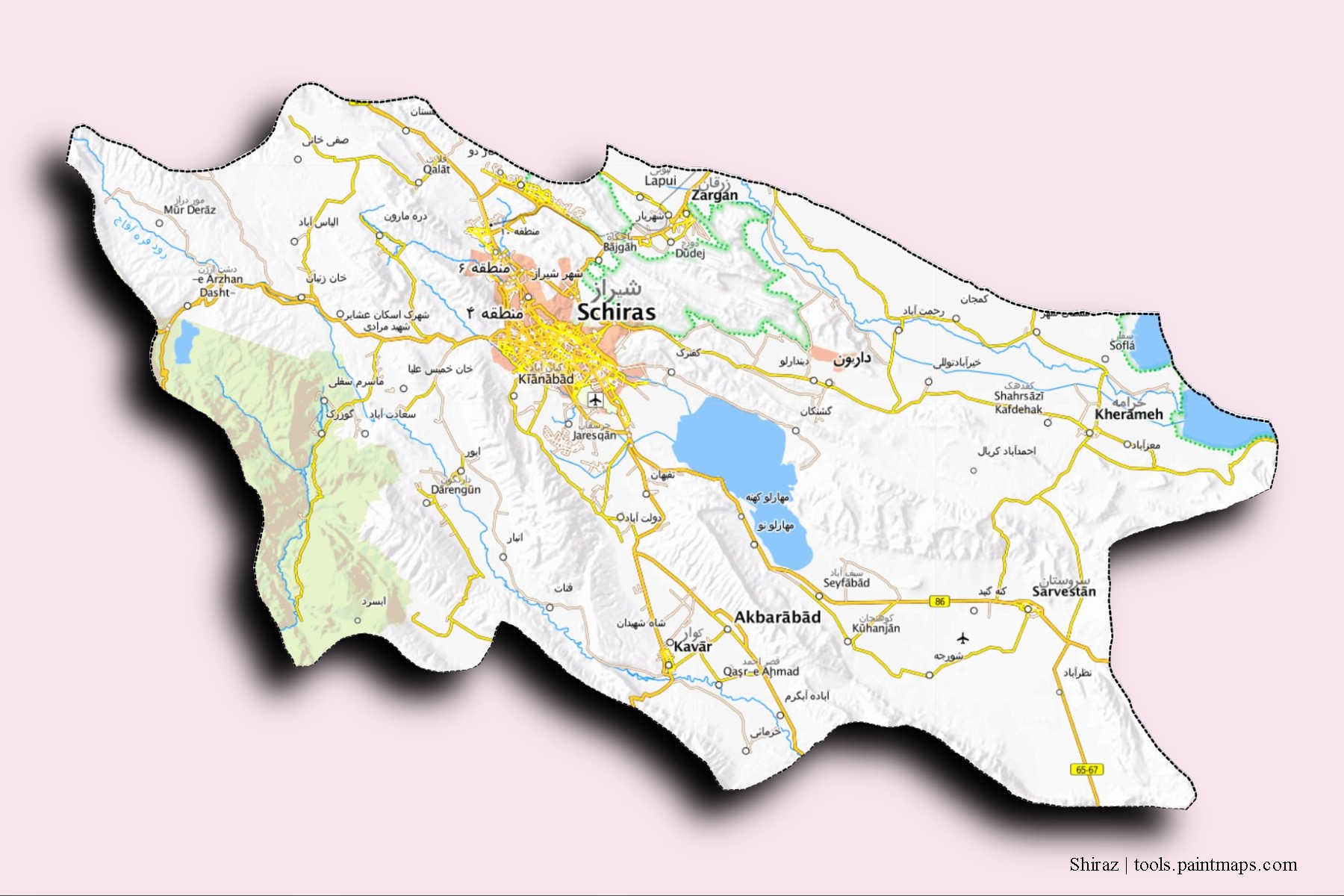 Shiraz neighborhoods and villages map with 3D shadow effect