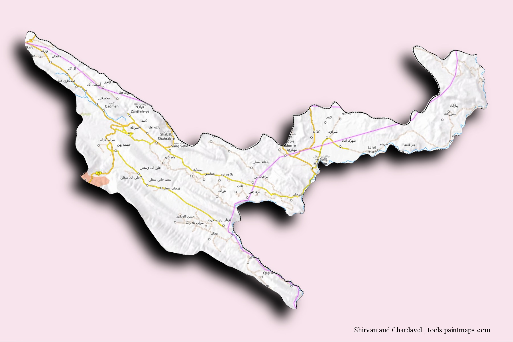 Mapa de barrios y pueblos de Shirvan and Chardavel con efecto de sombra 3D