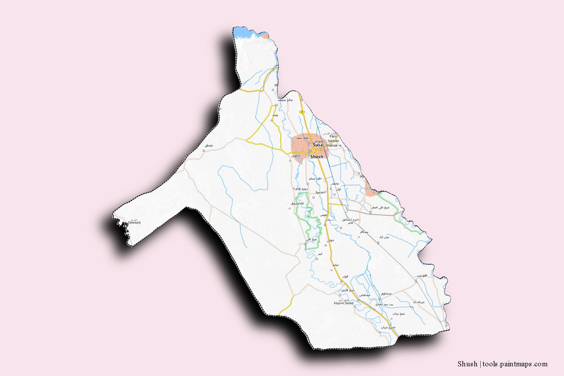 Mapa de barrios y pueblos de Shush con efecto de sombra 3D