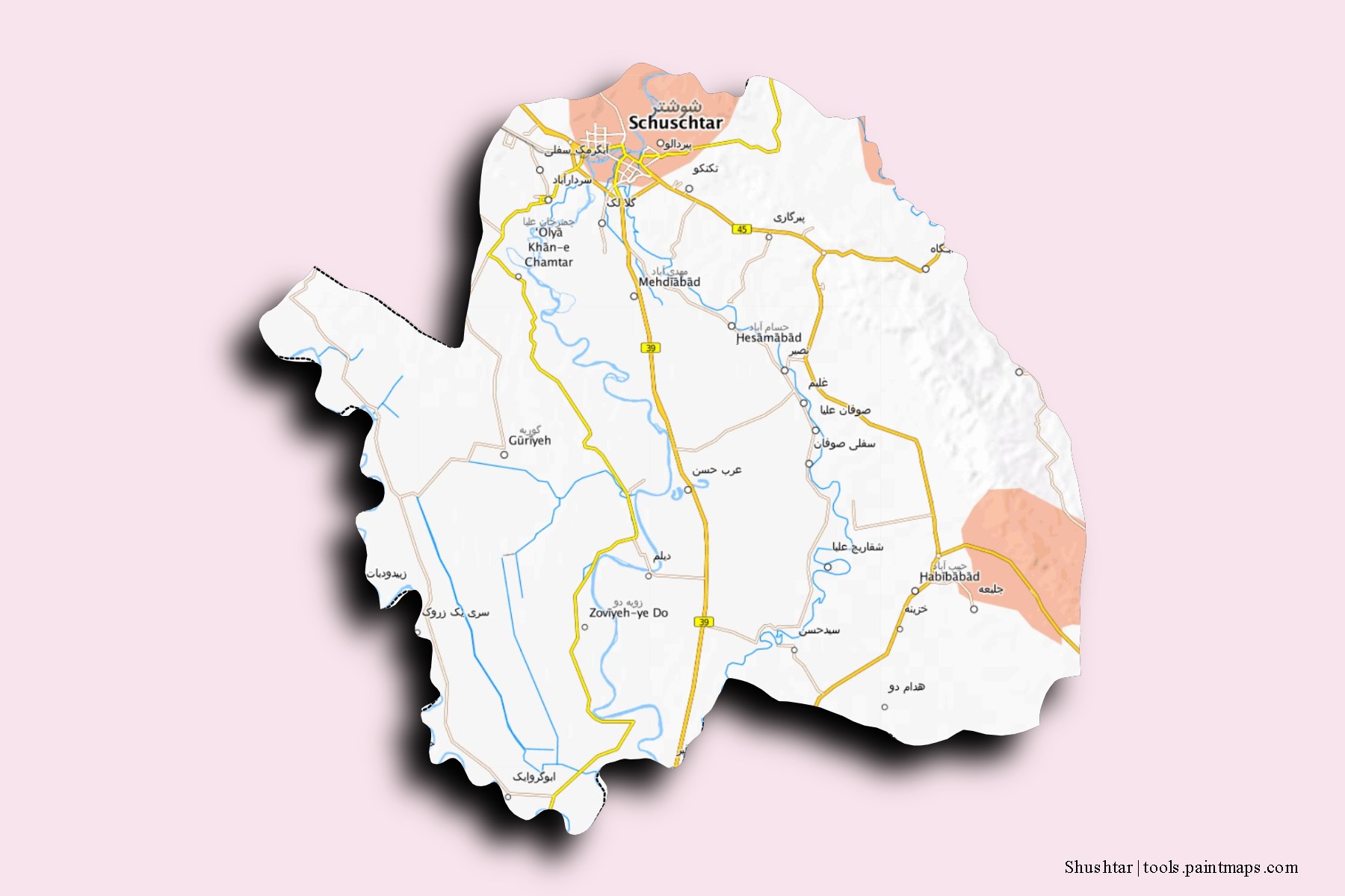 Shushtar neighborhoods and villages map with 3D shadow effect