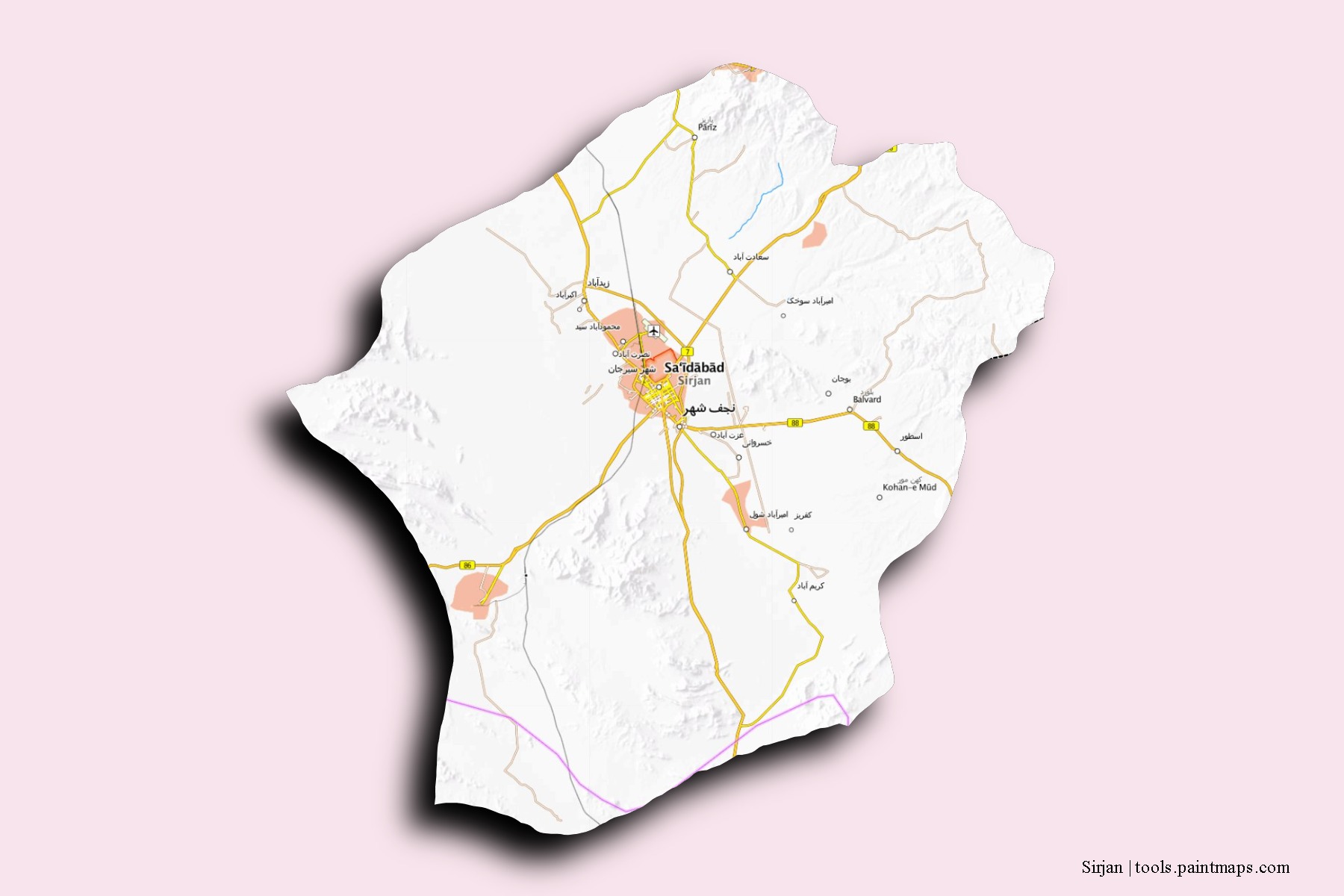 Sirjan neighborhoods and villages map with 3D shadow effect