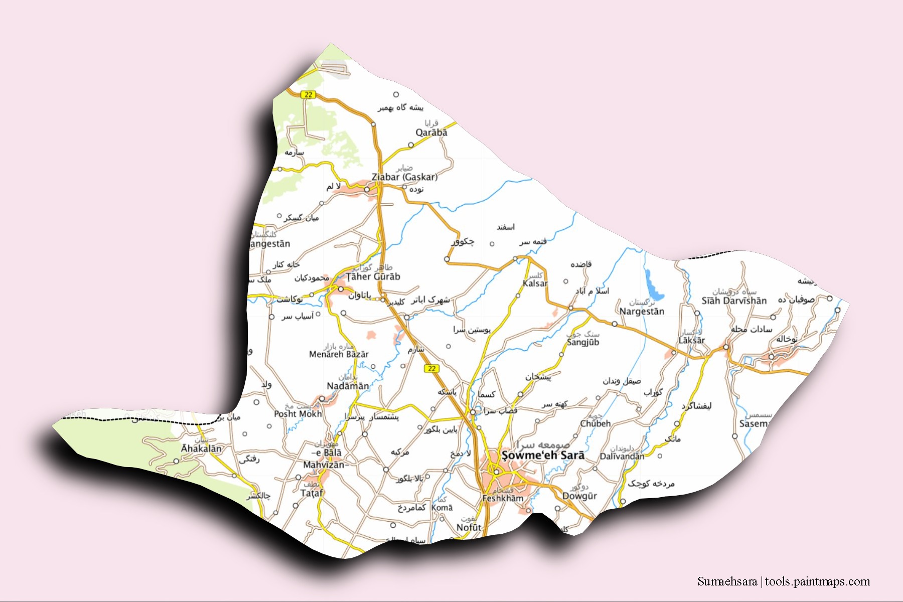 Mapa de barrios y pueblos de Sumaehsara con efecto de sombra 3D