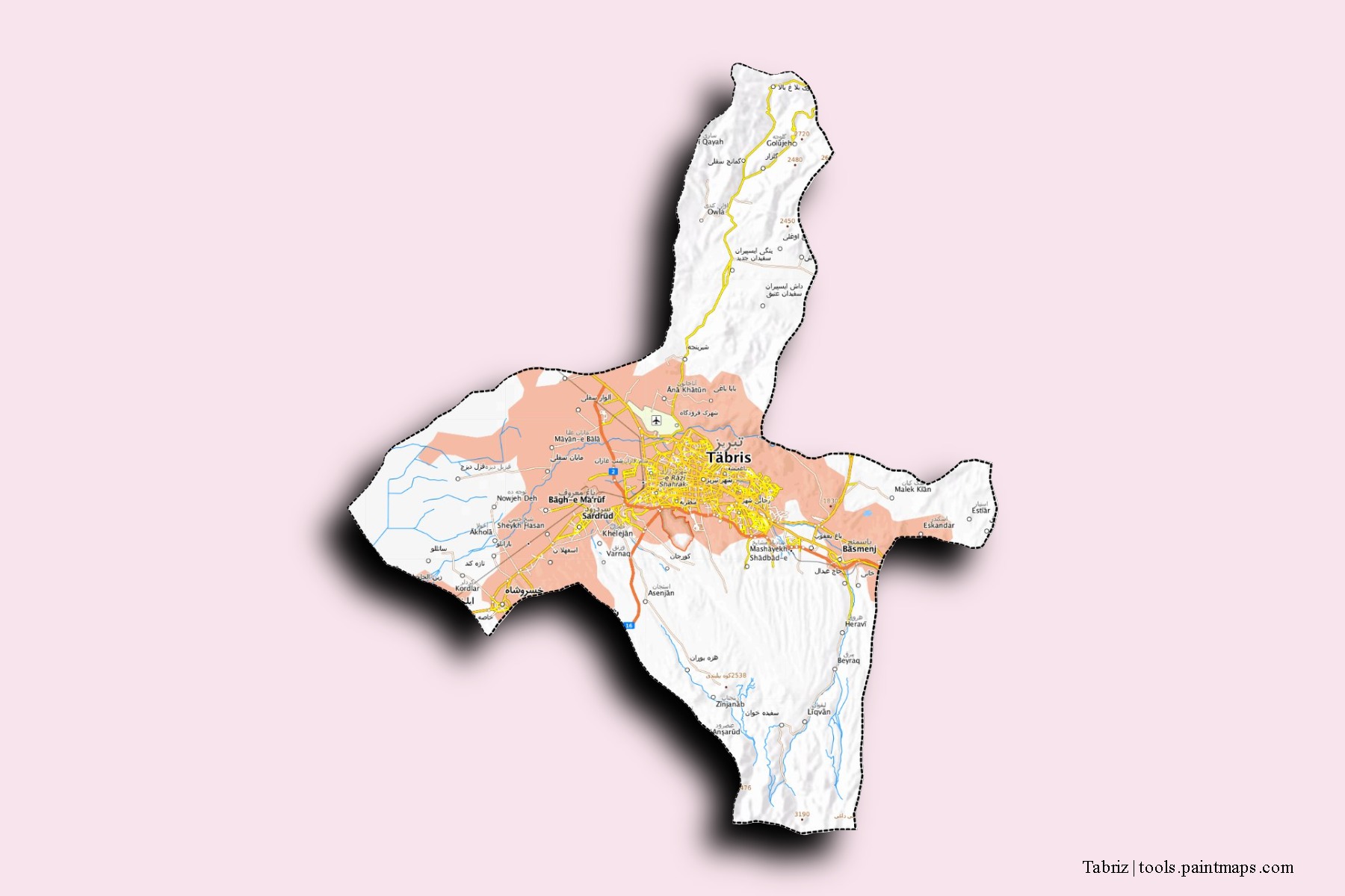3D gölge efektli Tebriz mahalleleri ve köyleri haritası