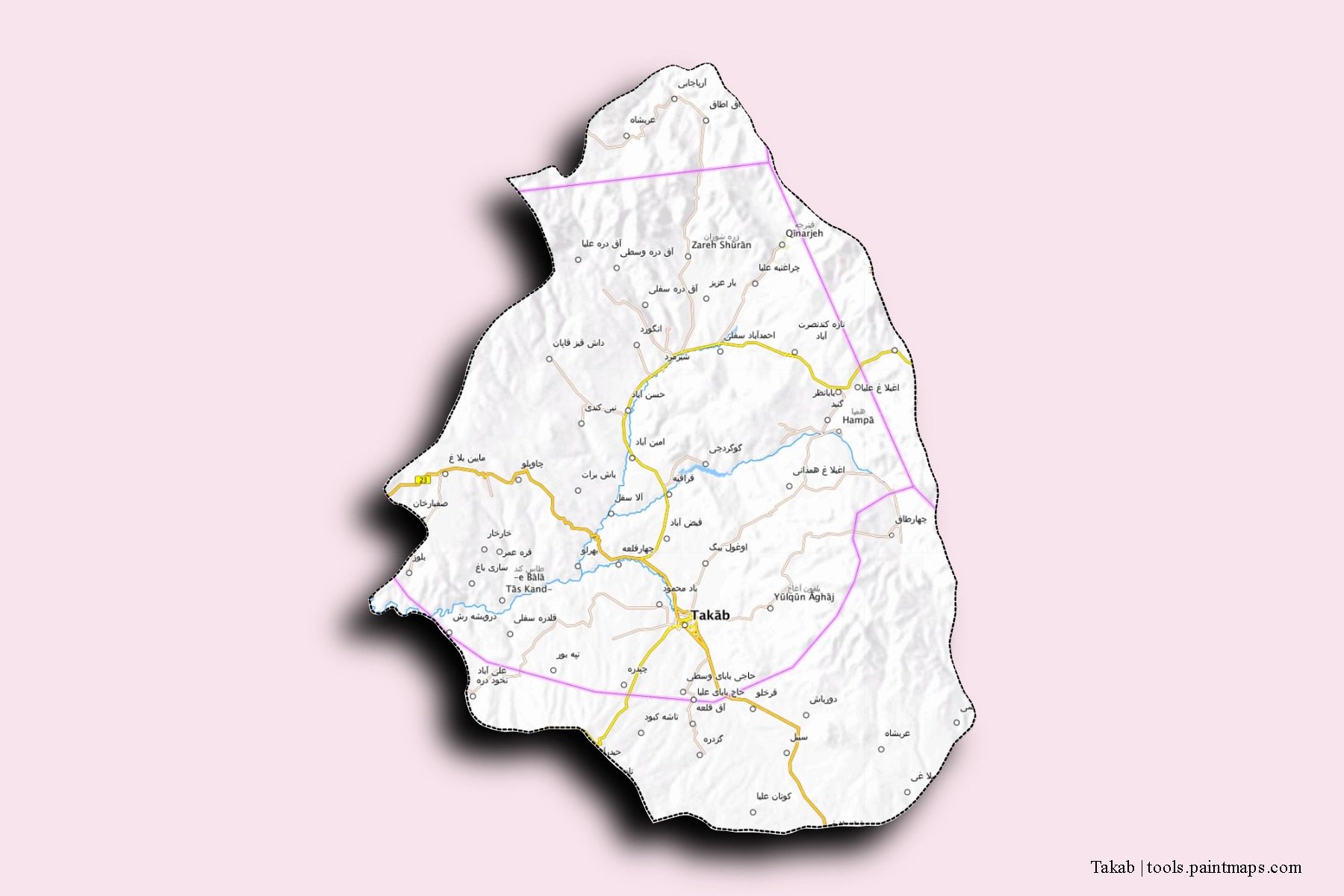 Mapa de barrios y pueblos de Takab con efecto de sombra 3D