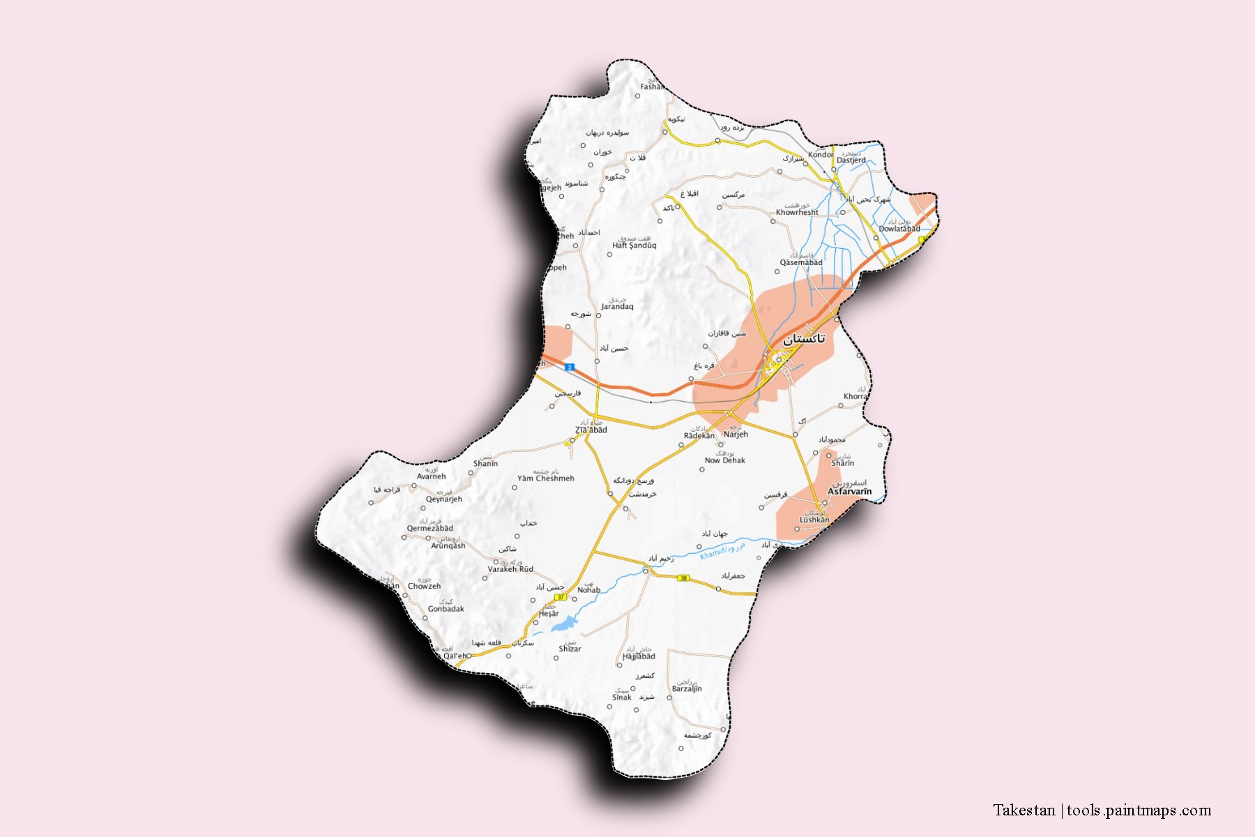 3D gölge efektli Takistan şehristanı mahalleleri ve köyleri haritası