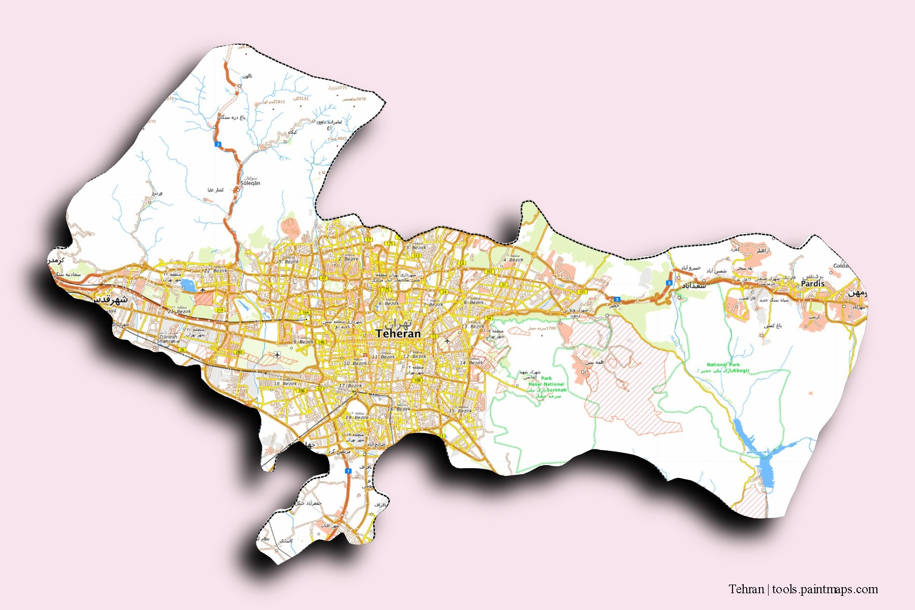 Tehran neighborhoods and villages map with 3D shadow effect