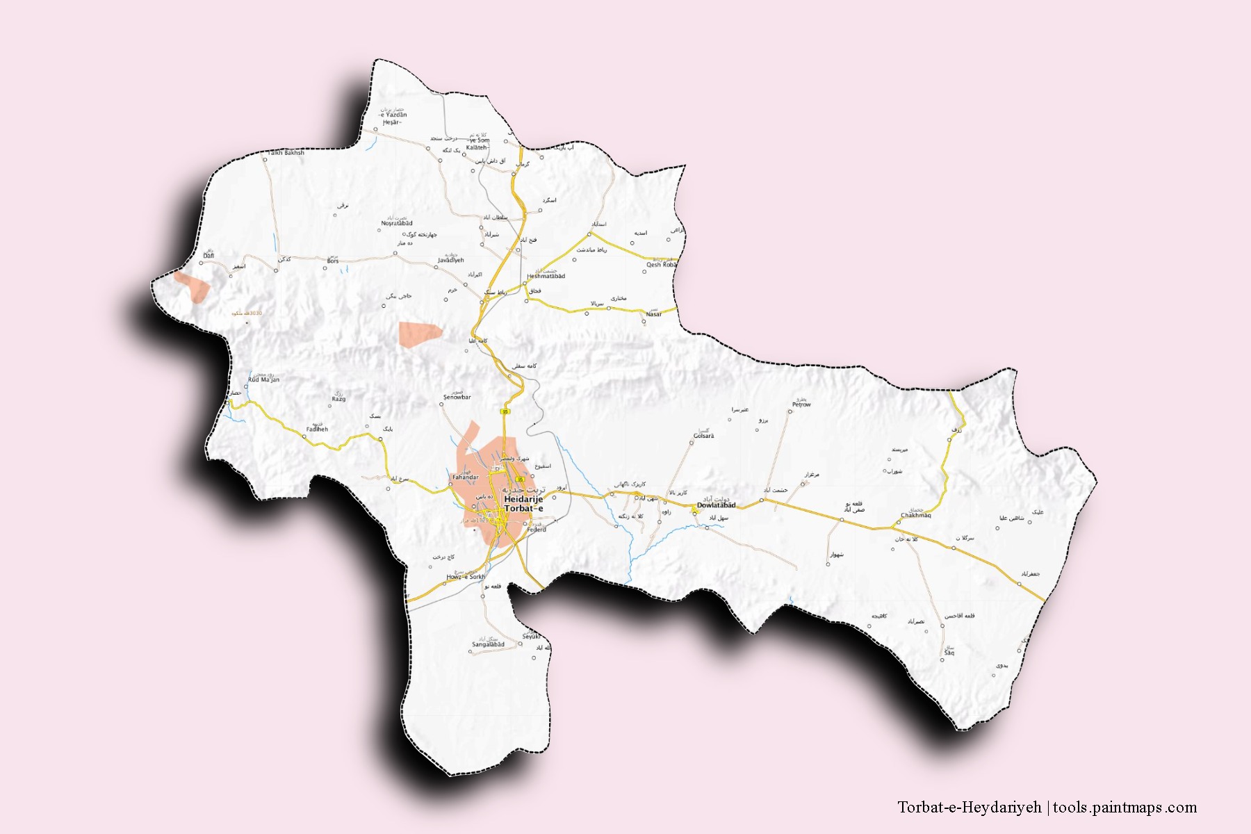 3D gölge efektli Torbat-e-Heydariyeh mahalleleri ve köyleri haritası