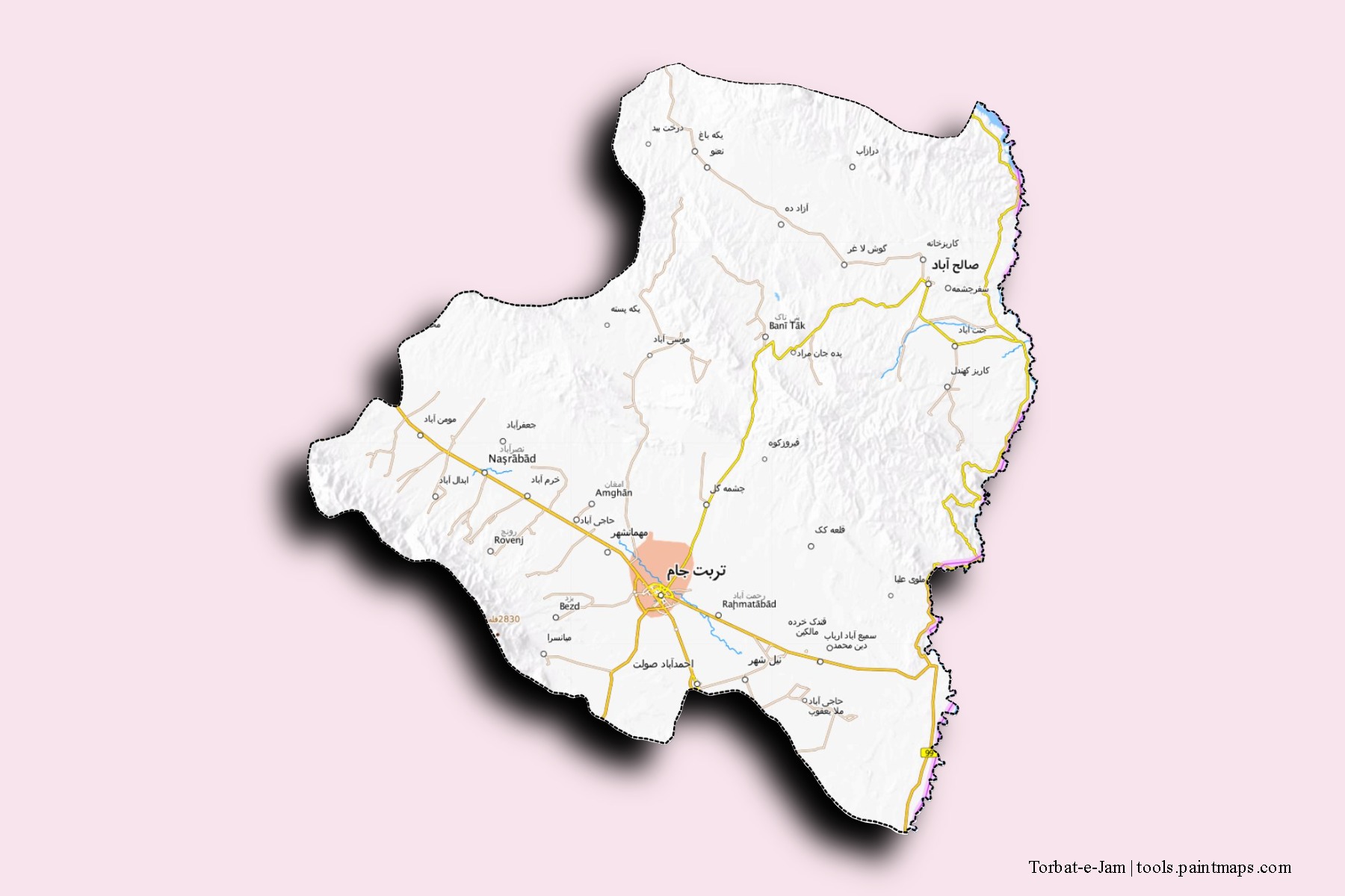 Mapa de barrios y pueblos de Torbat-e-Jam con efecto de sombra 3D