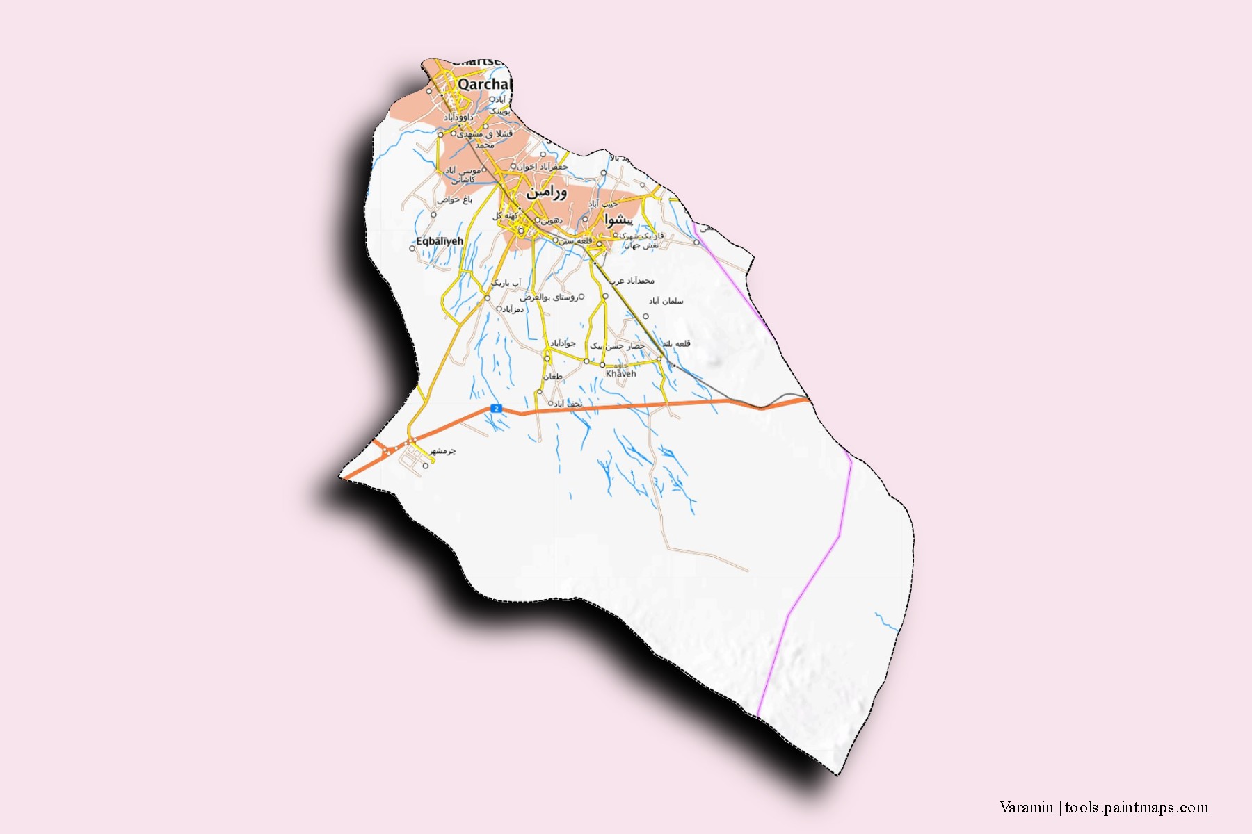 Mapa de barrios y pueblos de Varamin con efecto de sombra 3D