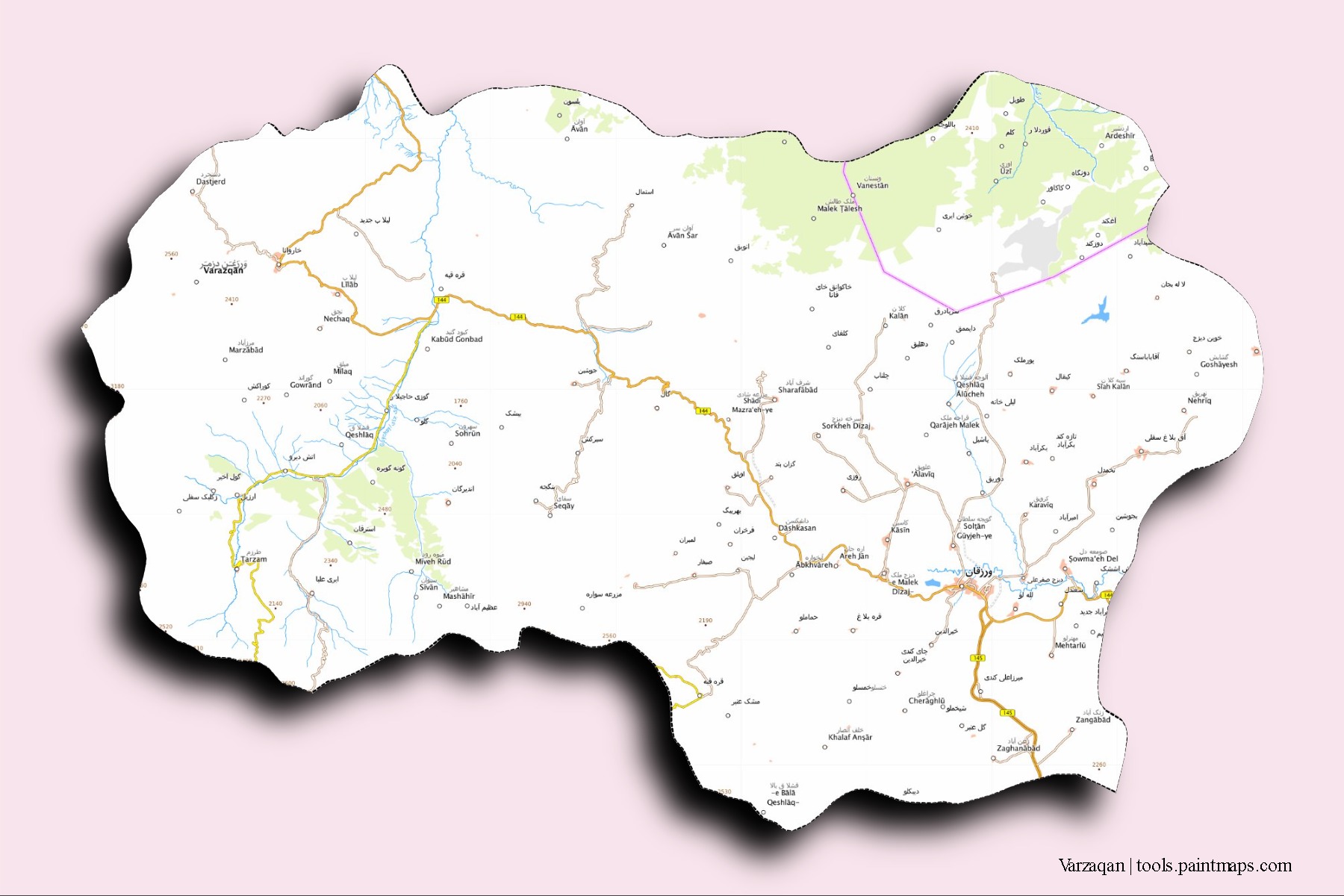 Varzaqan neighborhoods and villages map with 3D shadow effect