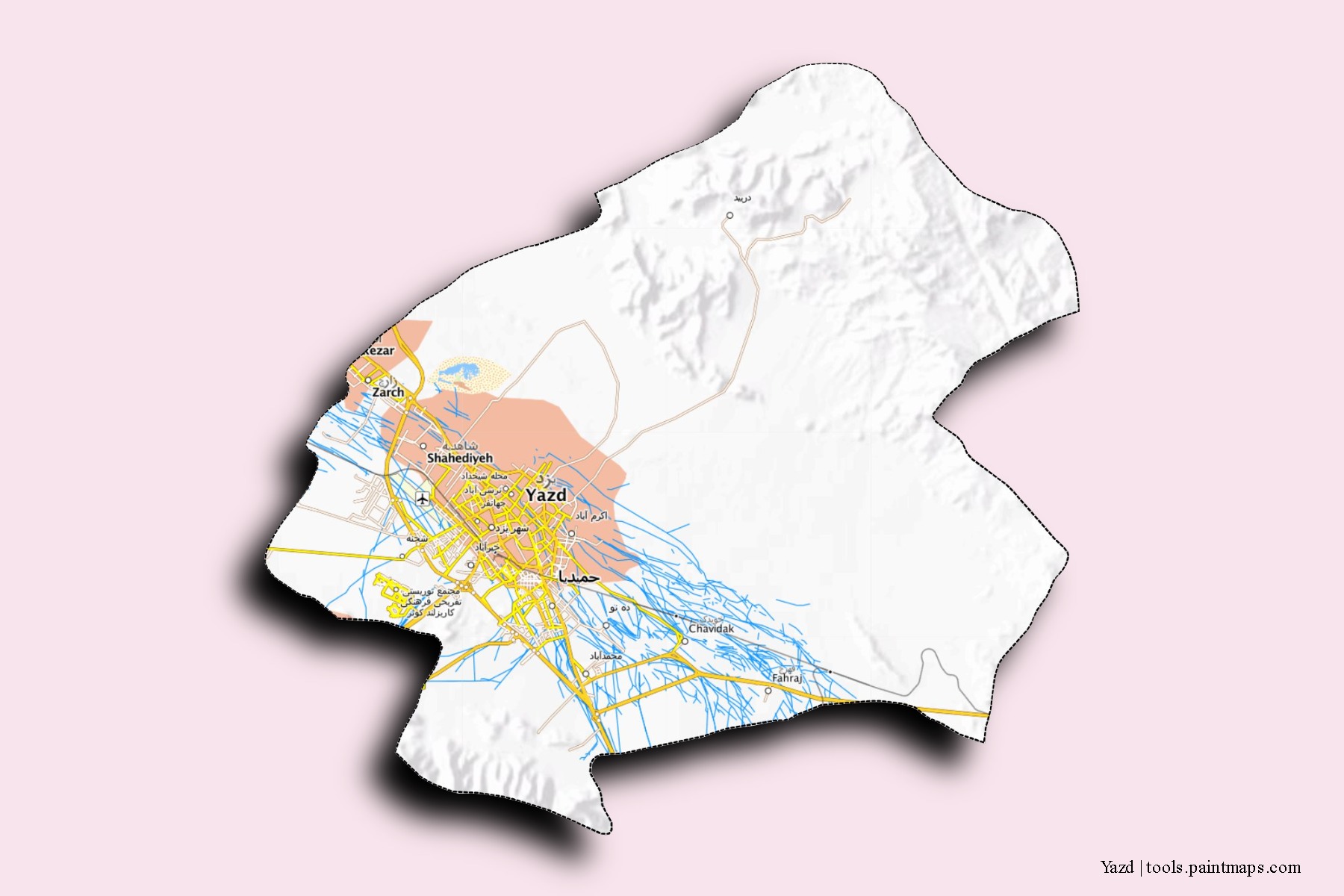 Yazd neighborhoods and villages map with 3D shadow effect