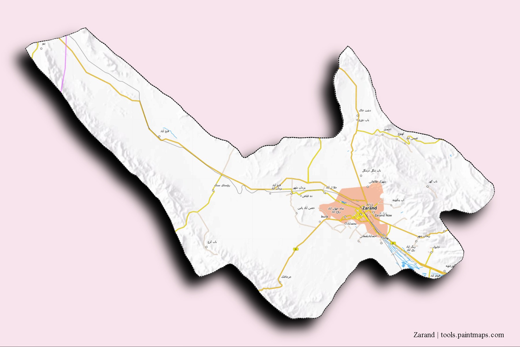 3D gölge efektli Zarand mahalleleri ve köyleri haritası