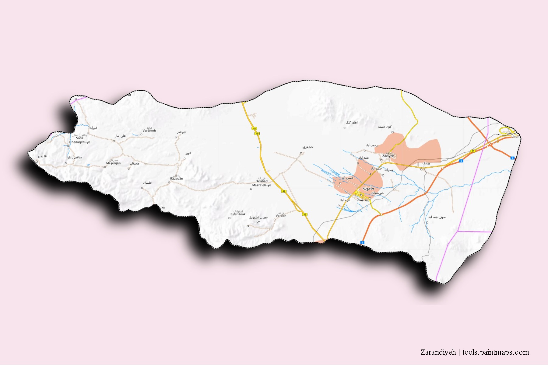 Mapa de barrios y pueblos de Zarandiyeh con efecto de sombra 3D