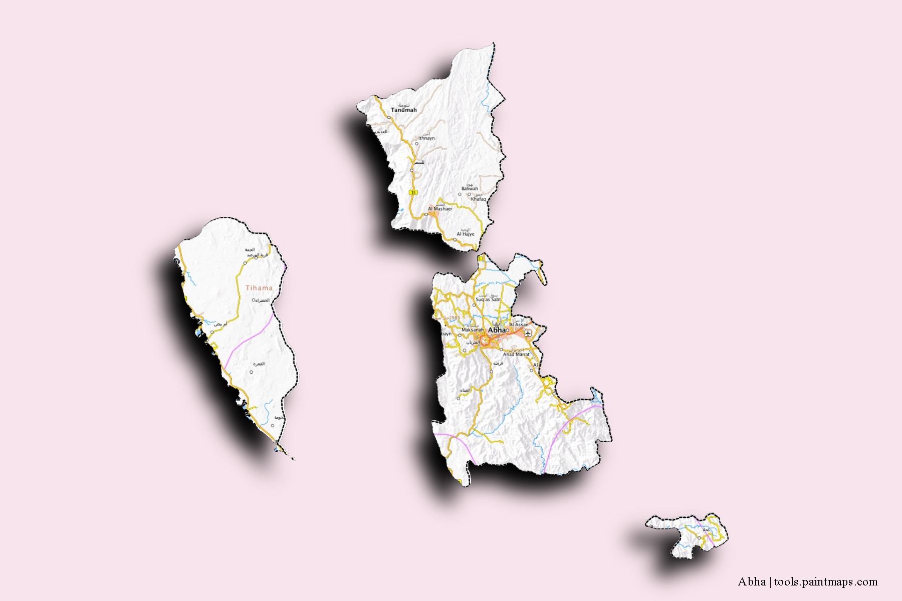 Mapa de barrios y pueblos de Abha con efecto de sombra 3D